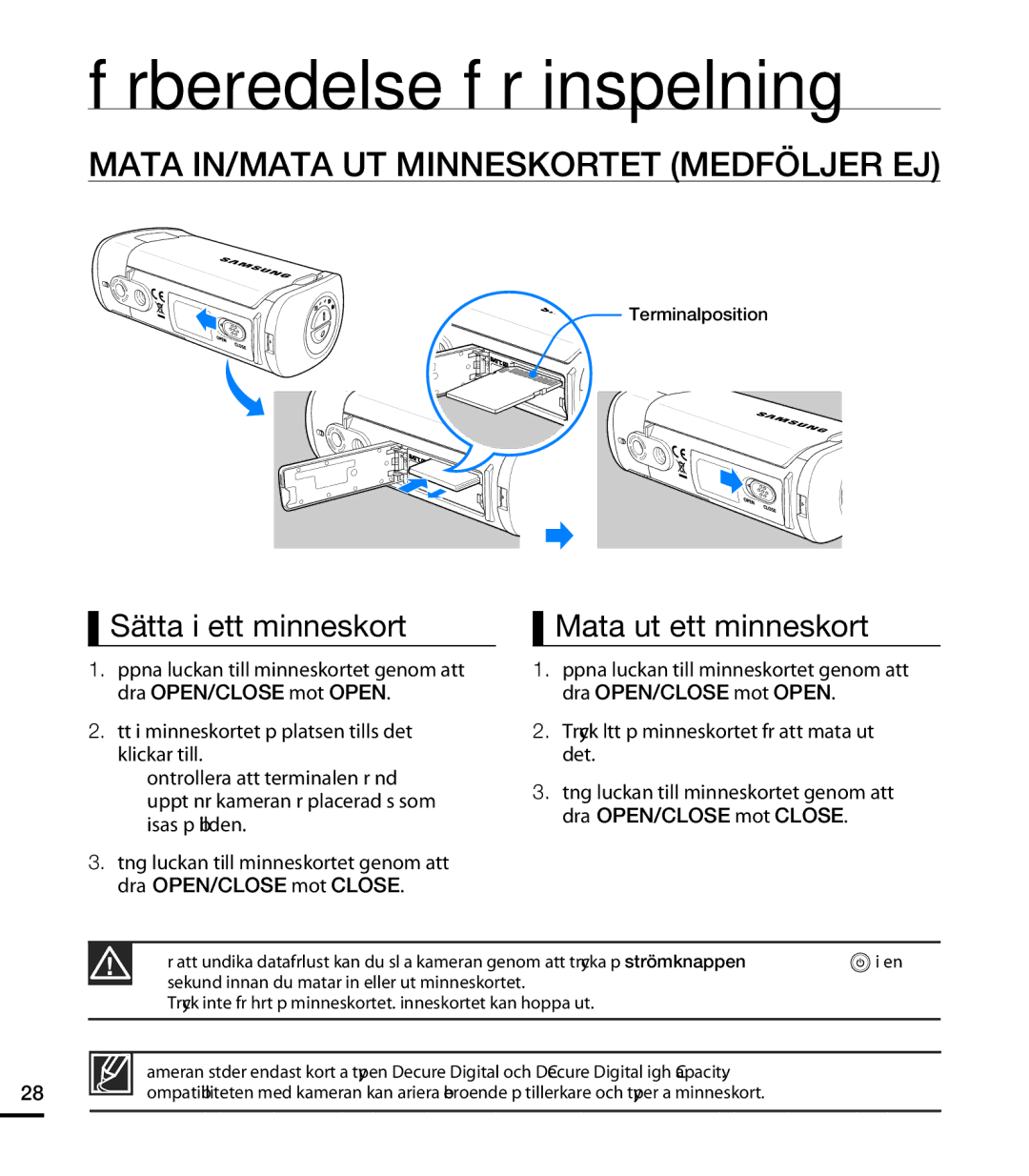 Samsung HMX-T10WP/EDC, HMX-T10BP/EDC manual Förberedelse för inspelning, Mata IN/MATA UT Minneskortet Medföljer EJ 