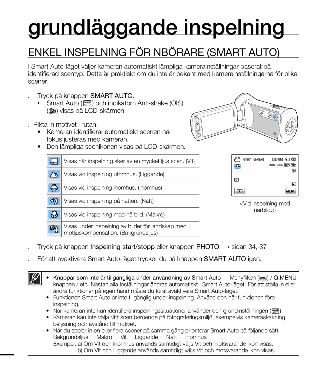 Samsung HMX-T10WP/EDC, HMX-T10BP/EDC manual Enkel Inspelning FÖR Nybörjare Smart Auto 