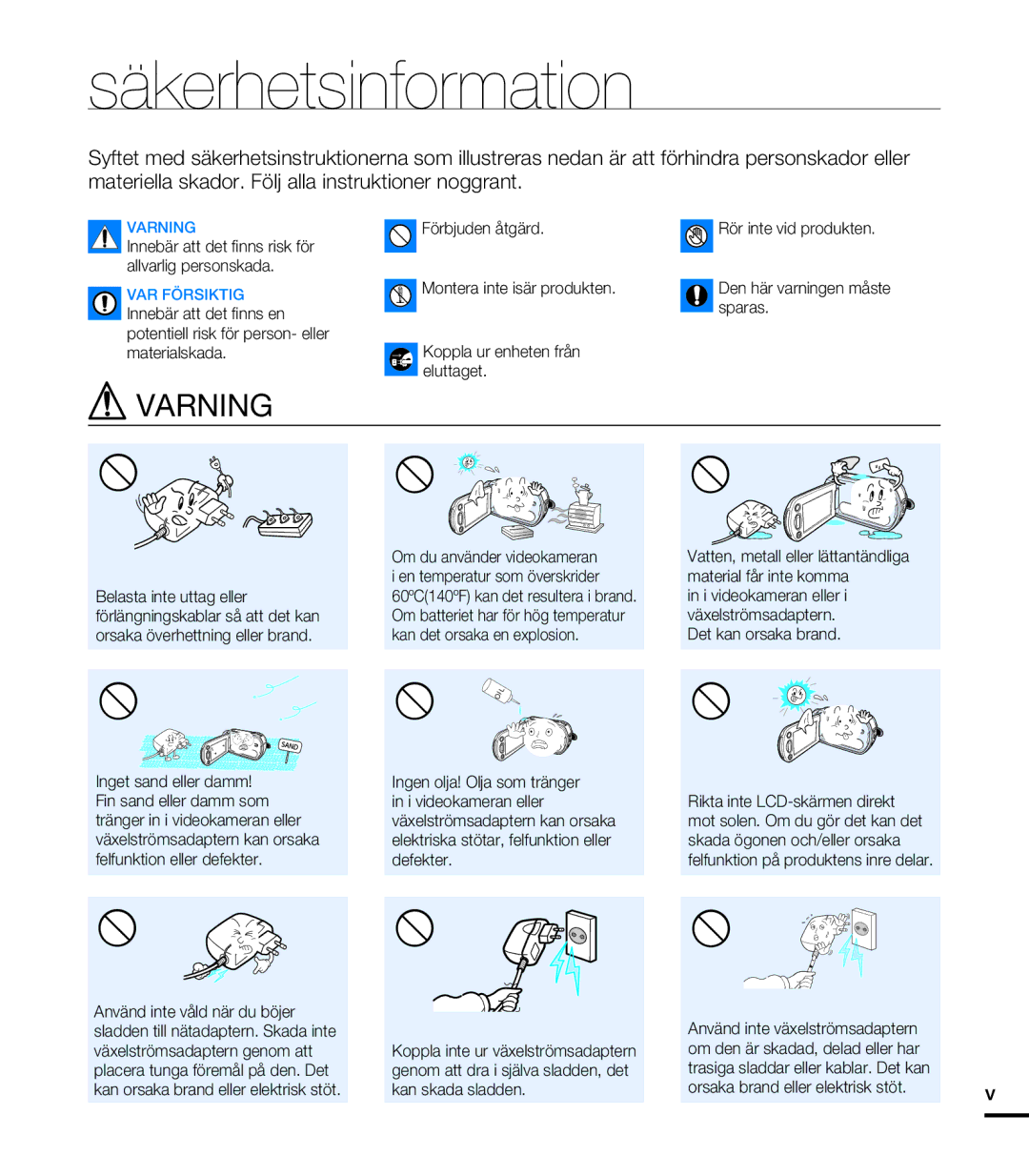 Samsung HMX-T10BP/EDC, HMX-T10WP/EDC manual Säkerhetsinformation, Varning 