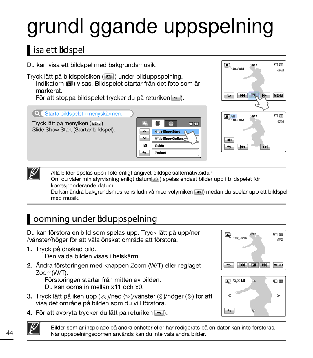 Samsung HMX-T10WP/EDC manual Visa ett bildspel, Zoomning under bilduppspelning, Du kan visa ett bildspel med bakgrundsmusik 