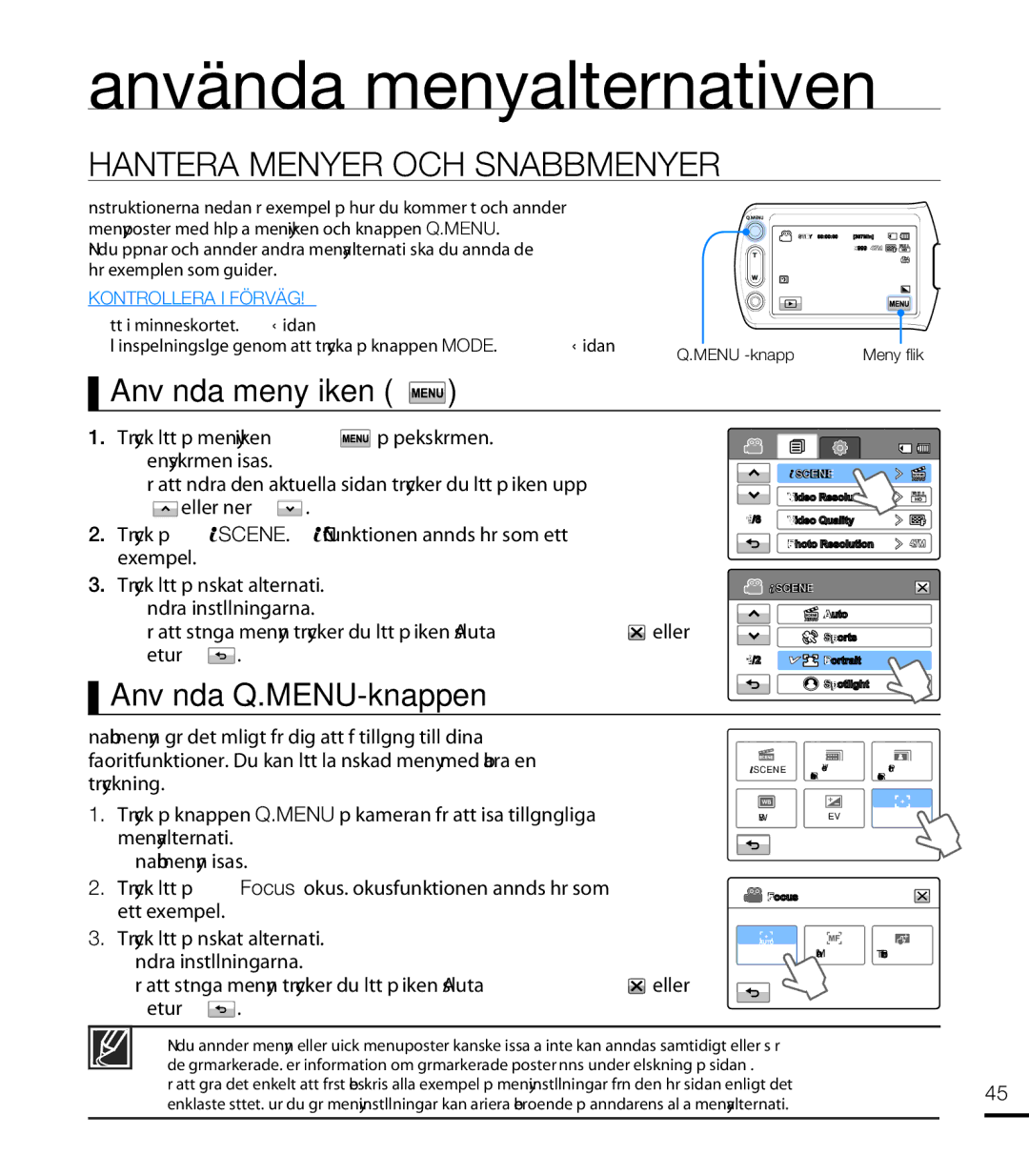 Samsung HMX-T10BP/EDC Använda menyalternativen, Hantera Menyer OCH Snabbmenyer, Använda menyﬂ iken, Använda Q.MENU-knappen 