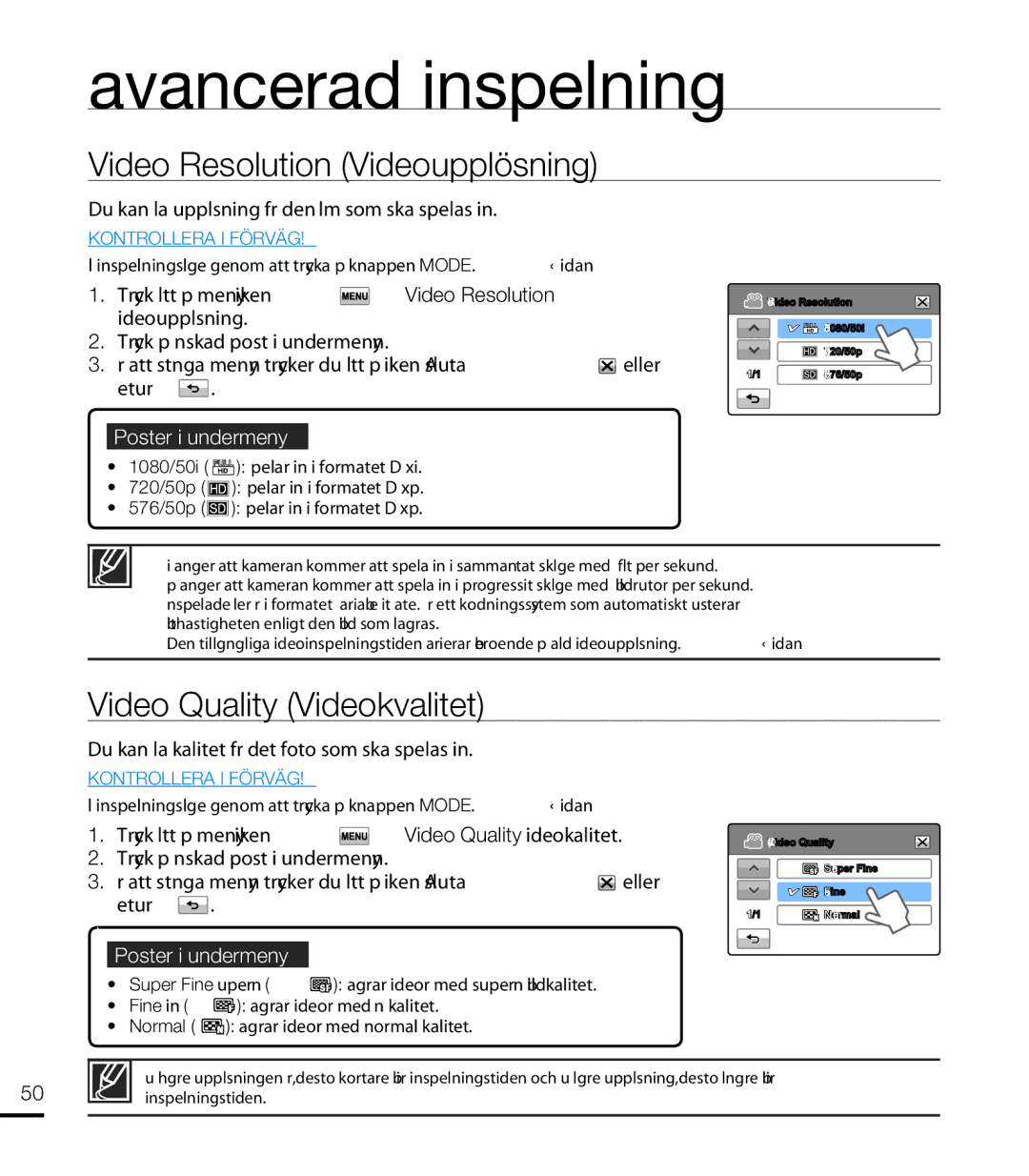 Samsung HMX-T10WP/EDC, HMX-T10BP/EDC manual Video Resolution Videoupplösning, Video Quality Videokvalitet 