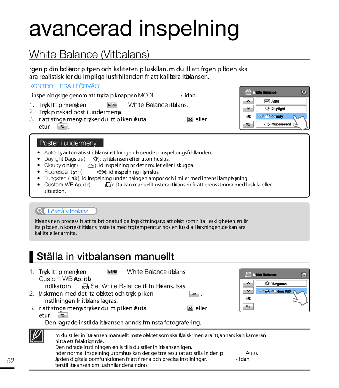 Samsung HMX-T10WP/EDC, HMX-T10BP/EDC manual White Balance Vitbalans, Ställa in vitbalansen manuellt, Förstå vitbalans 