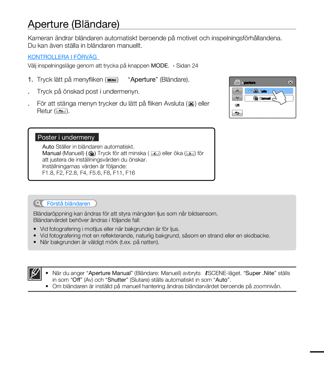 Samsung HMX-T10BP/EDC, HMX-T10WP/EDC manual Aperture Bländare, Förstå bländaren 