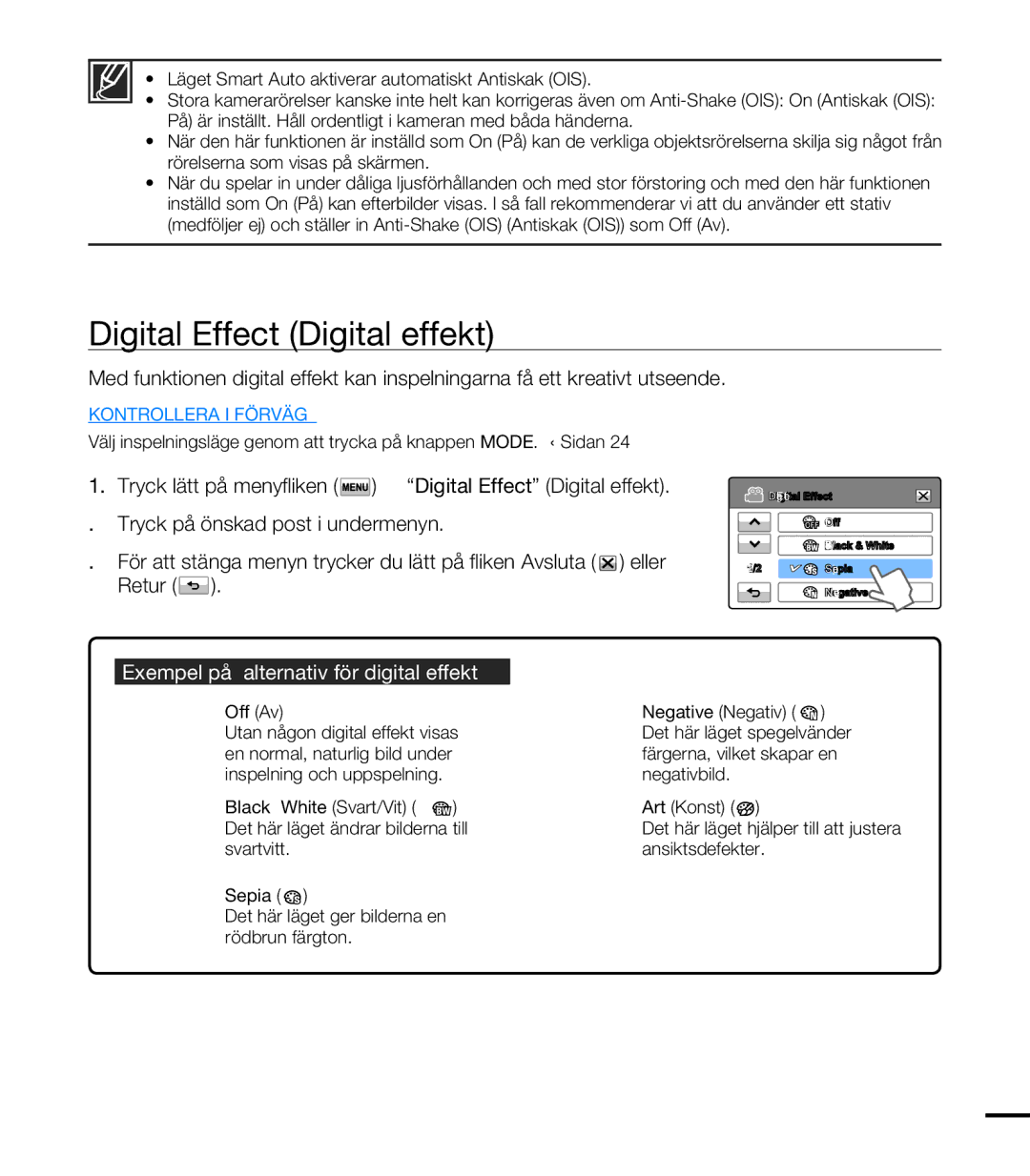 Samsung HMX-T10BP/EDC, HMX-T10WP/EDC manual Digital Effect Digital effekt, Exempel på 5 alternativ för digital effekt 