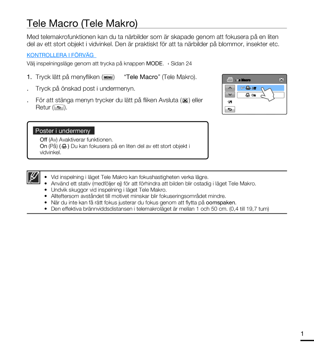 Samsung HMX-T10BP/EDC, HMX-T10WP/EDC manual Tele Macro Tele Makro 