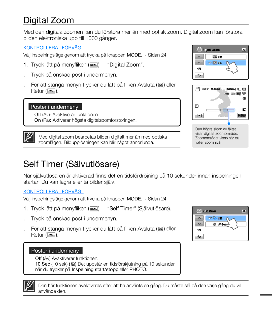 Samsung HMX-T10BP/EDC, HMX-T10WP/EDC manual Digital Zoom, Self Timer Självutlösare 