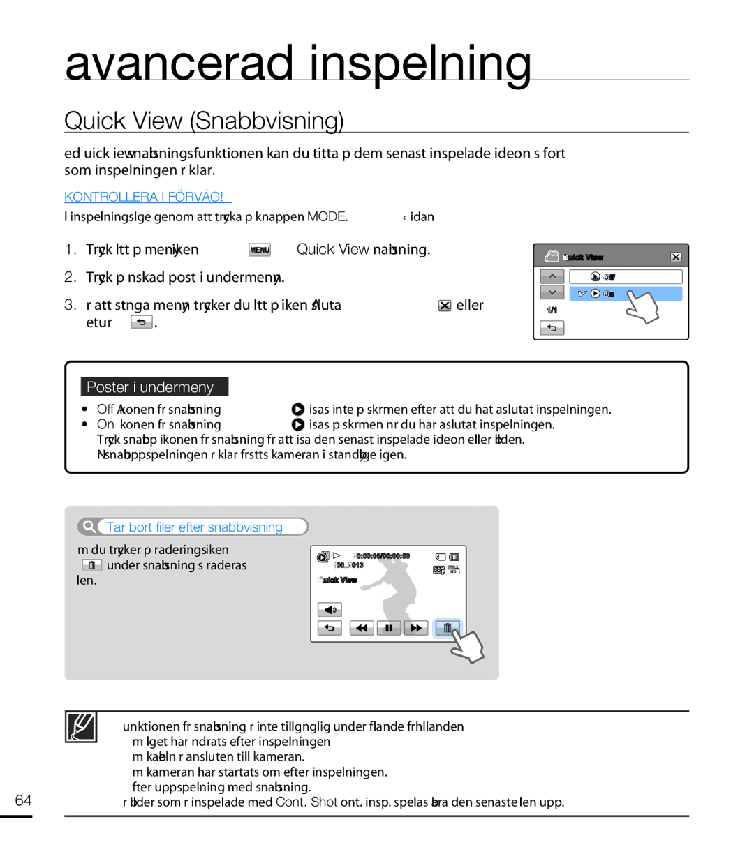 Samsung HMX-T10WP/EDC, HMX-T10BP/EDC manual Quick View Snabbvisning, Tar bort filer efter snabbvisning 