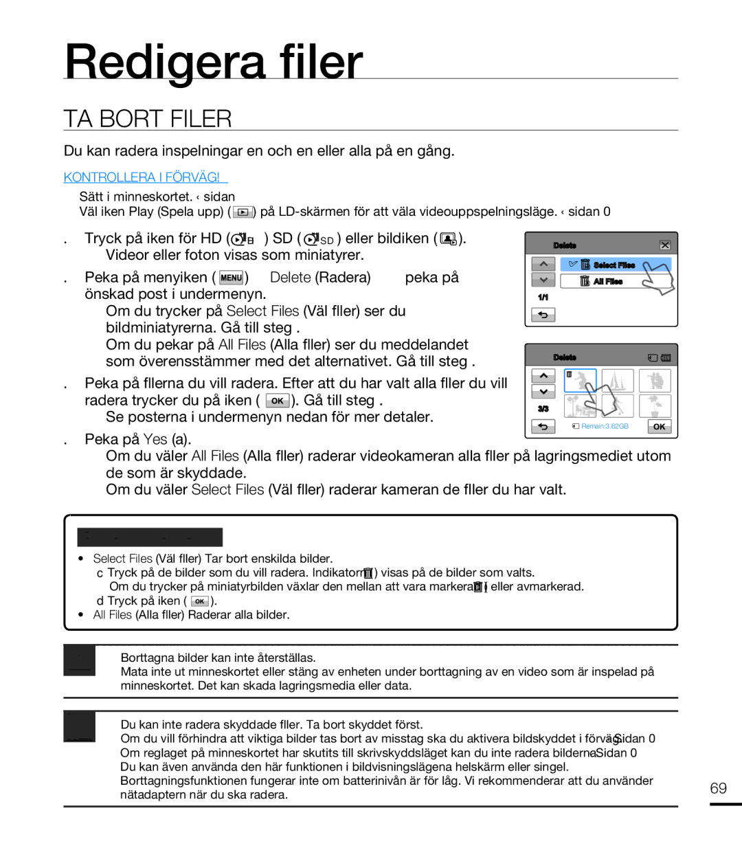 Samsung HMX-T10BP/EDC, HMX-T10WP/EDC manual Redigera fi ler, TA Bort Filer 