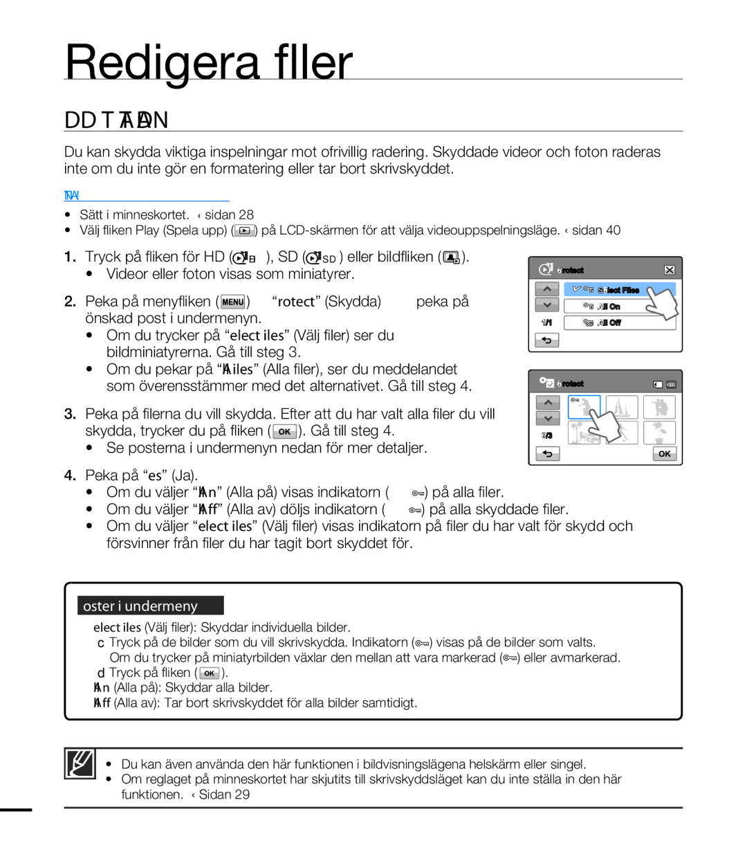 Samsung HMX-T10WP/EDC manual Skrivskydd MOT Oavsiktlig Radering, Select Files Välj fi ler Skyddar individuella bilder 