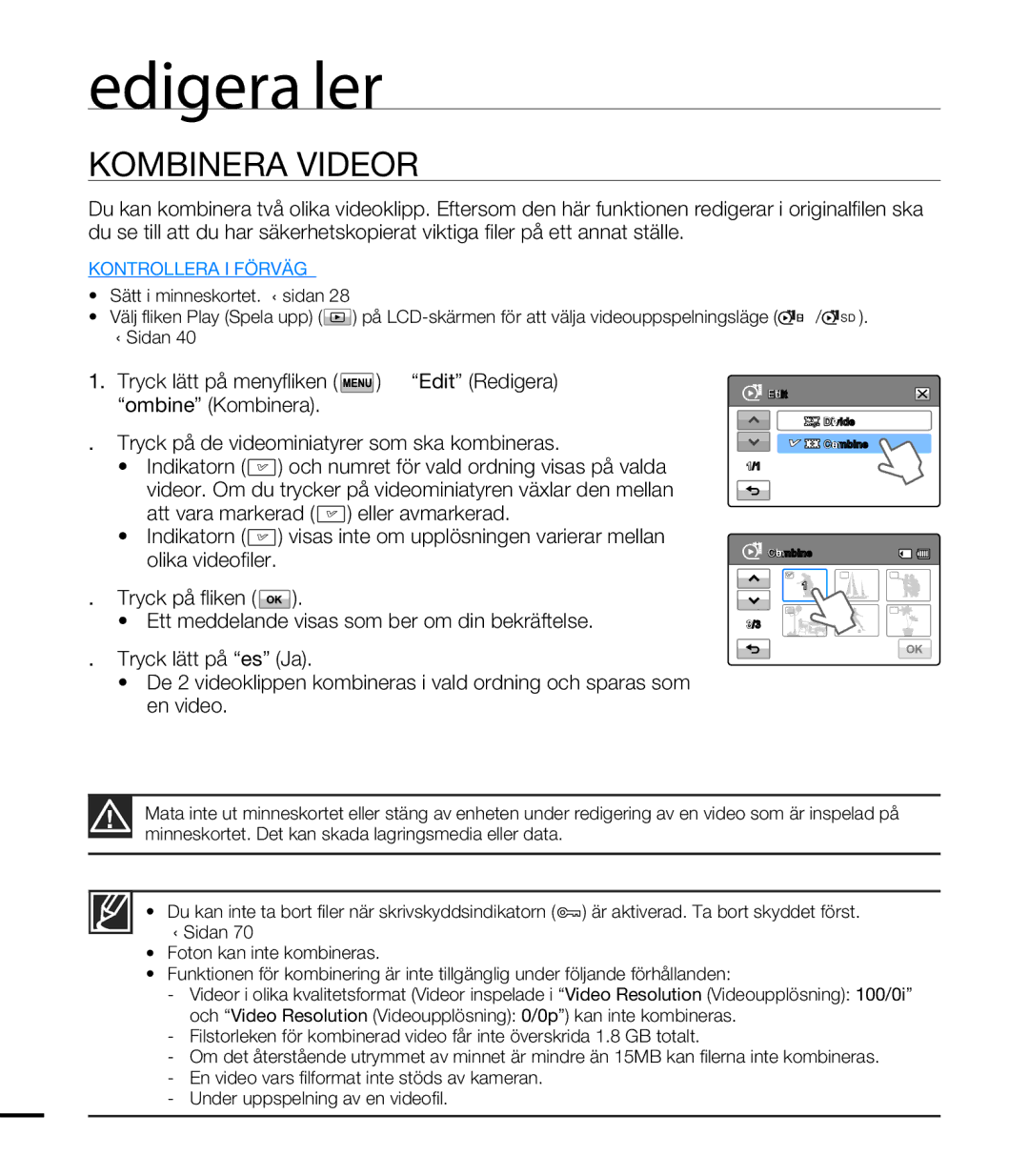 Samsung HMX-T10WP/EDC, HMX-T10BP/EDC manual Kombinera Videor 