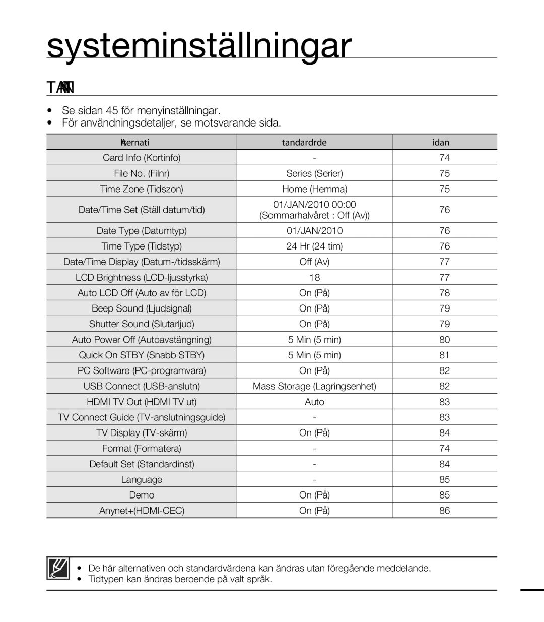 Samsung HMX-T10BP/EDC, HMX-T10WP/EDC manual Systeminställningar, Ställa in Menyposter 