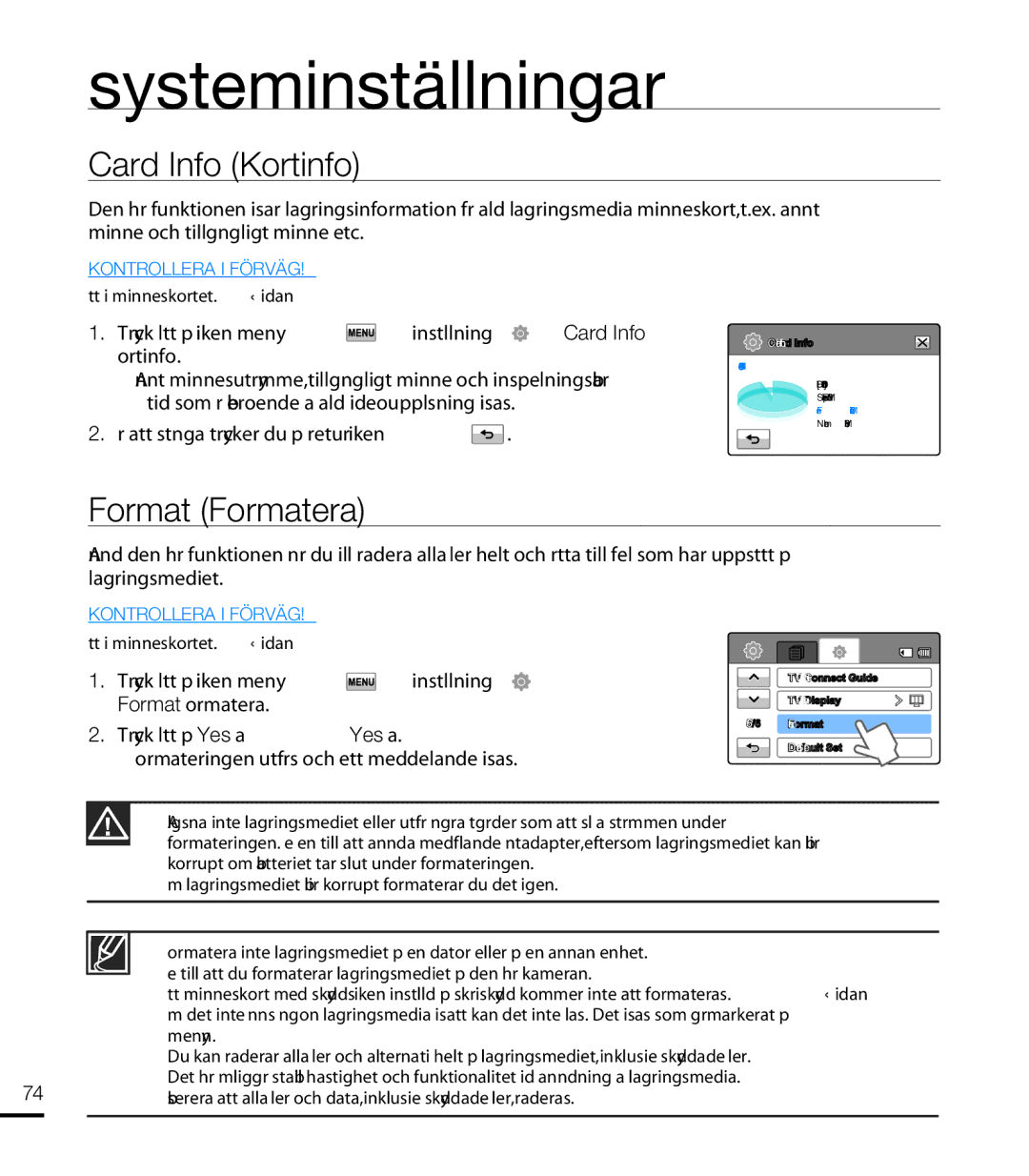 Samsung HMX-T10WP/EDC, HMX-T10BP/EDC manual Card Info Kortinfo, Format Formatera, För att stänga trycker du på returfl iken 