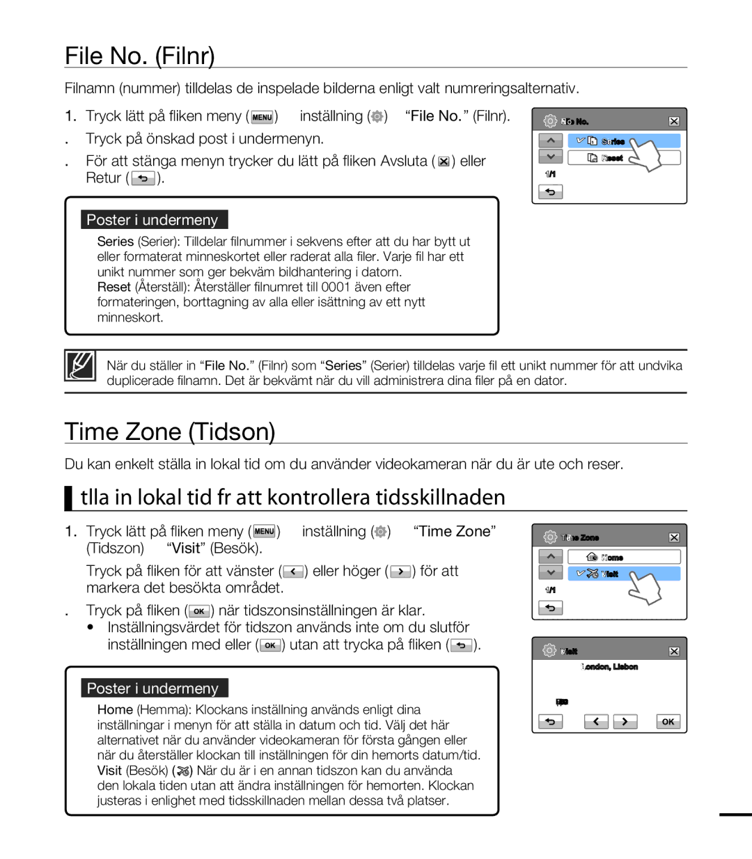 Samsung HMX-T10BP/EDC manual File No. Filnr, Time Zone Tidszon, Ställa in lokal tid för att kontrollera tidsskillnaden 