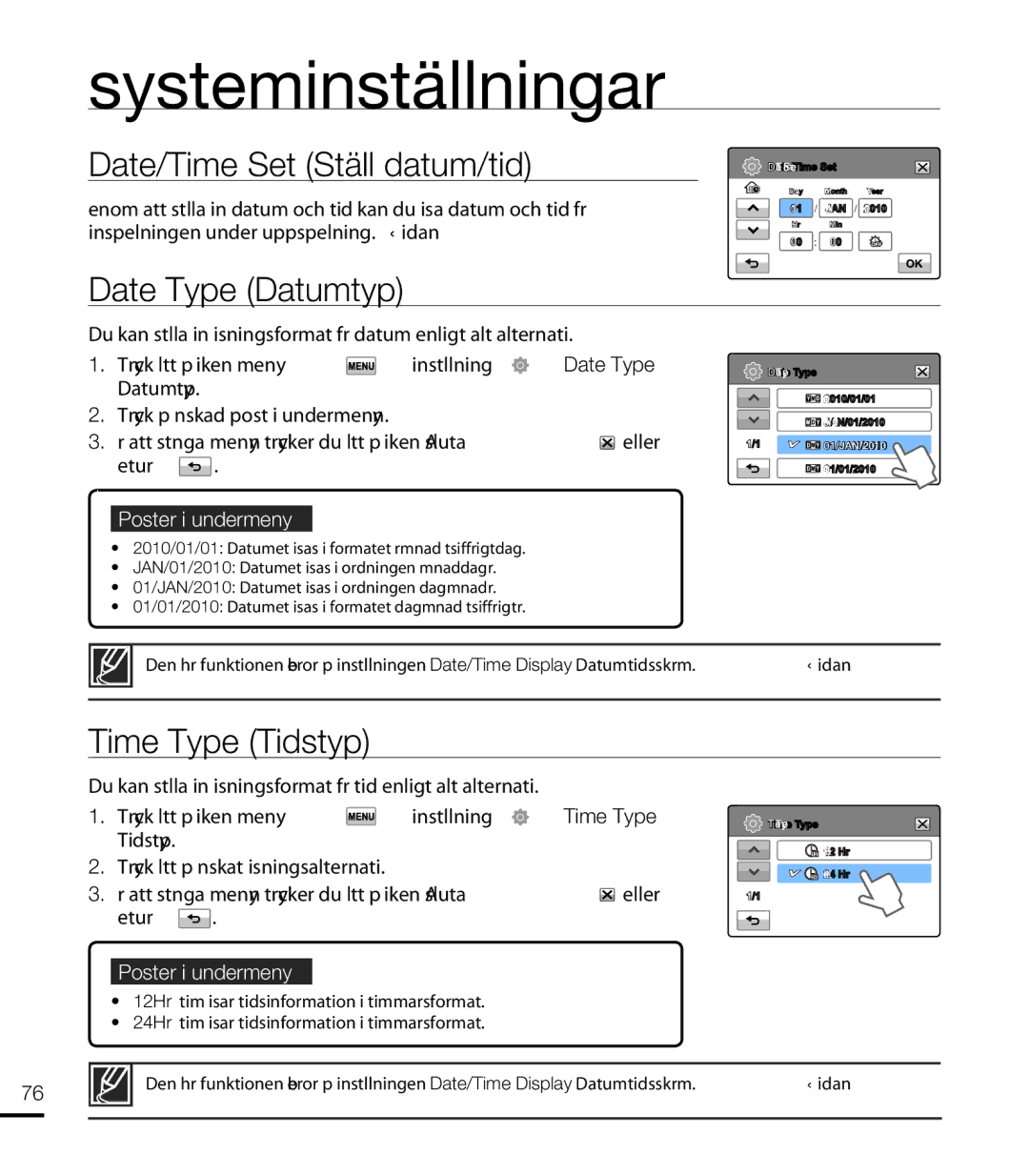 Samsung HMX-T10WP/EDC, HMX-T10BP/EDC manual Date/Time Set Ställ datum/tid, Date Type Datumtyp, Time Type Tidstyp 