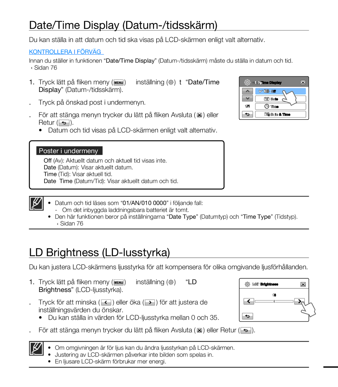 Samsung HMX-T10BP/EDC, HMX-T10WP/EDC manual Date/Time Display Datum-/tidsskärm, LCD Brightness LCD-ljusstyrka 