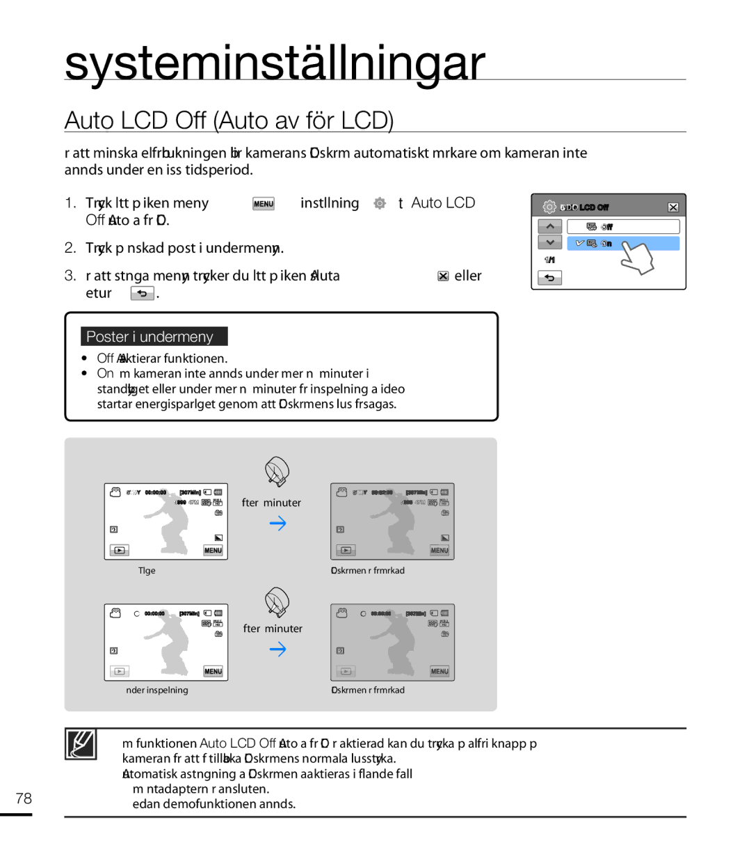 Samsung HMX-T10WP/EDC, HMX-T10BP/EDC manual Auto LCD Off Auto av för LCD, Efter 2 minuter 