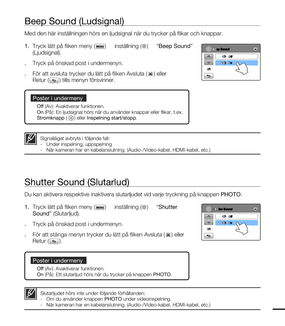 Samsung HMX-T10BP/EDC, HMX-T10WP/EDC manual Beep Sound Ljudsignal, Shutter Sound Slutarljud 