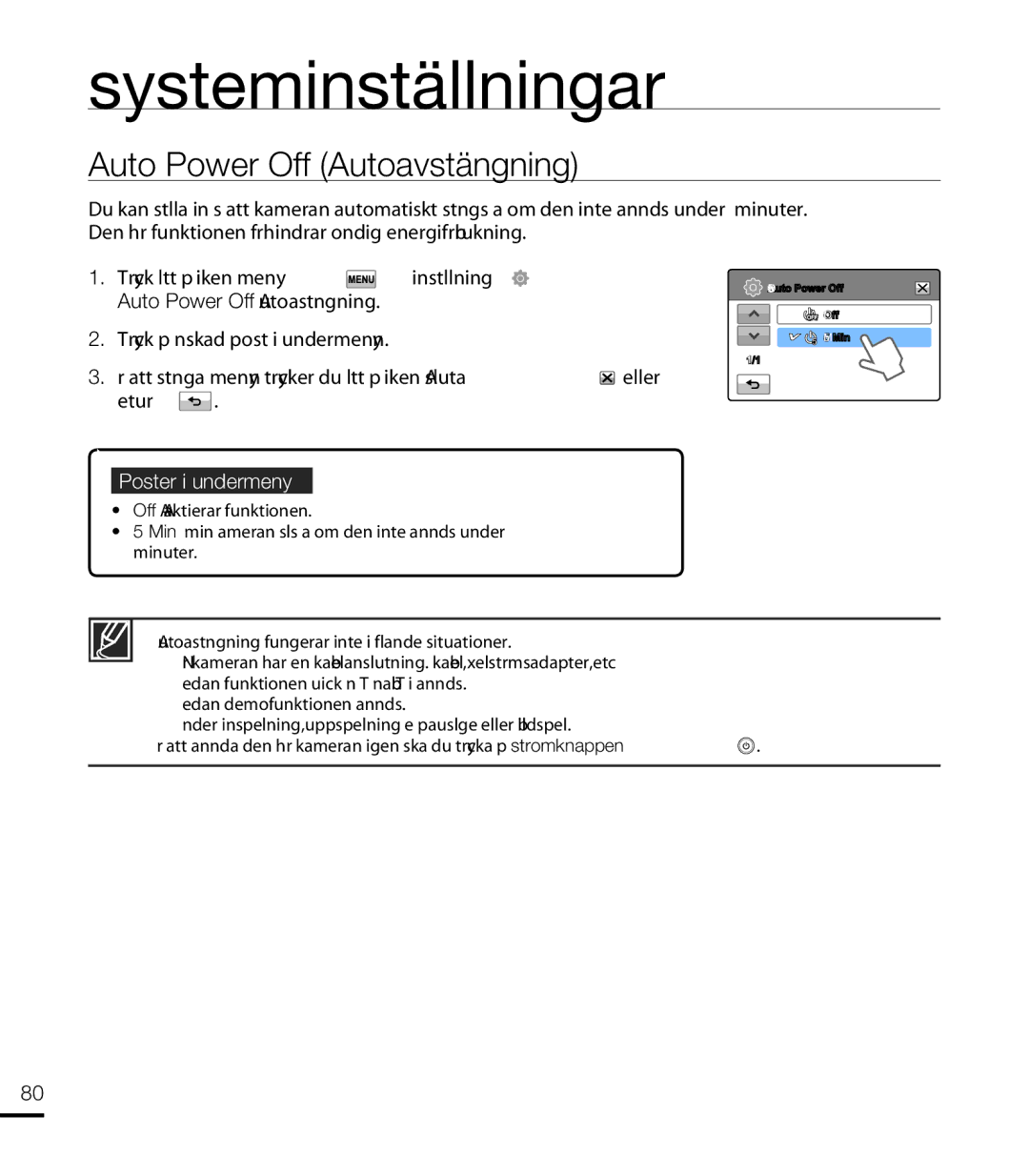 Samsung HMX-T10WP/EDC, HMX-T10BP/EDC manual Auto Power Off Autoavstängning 