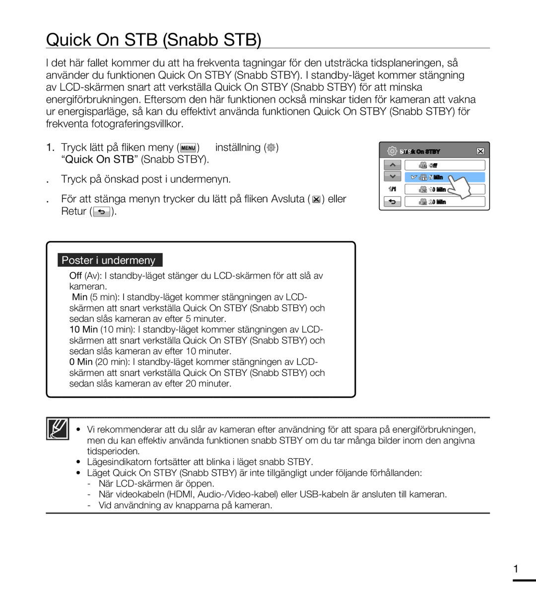 Samsung HMX-T10BP/EDC, HMX-T10WP/EDC manual Quick On Stby Snabb Stby 