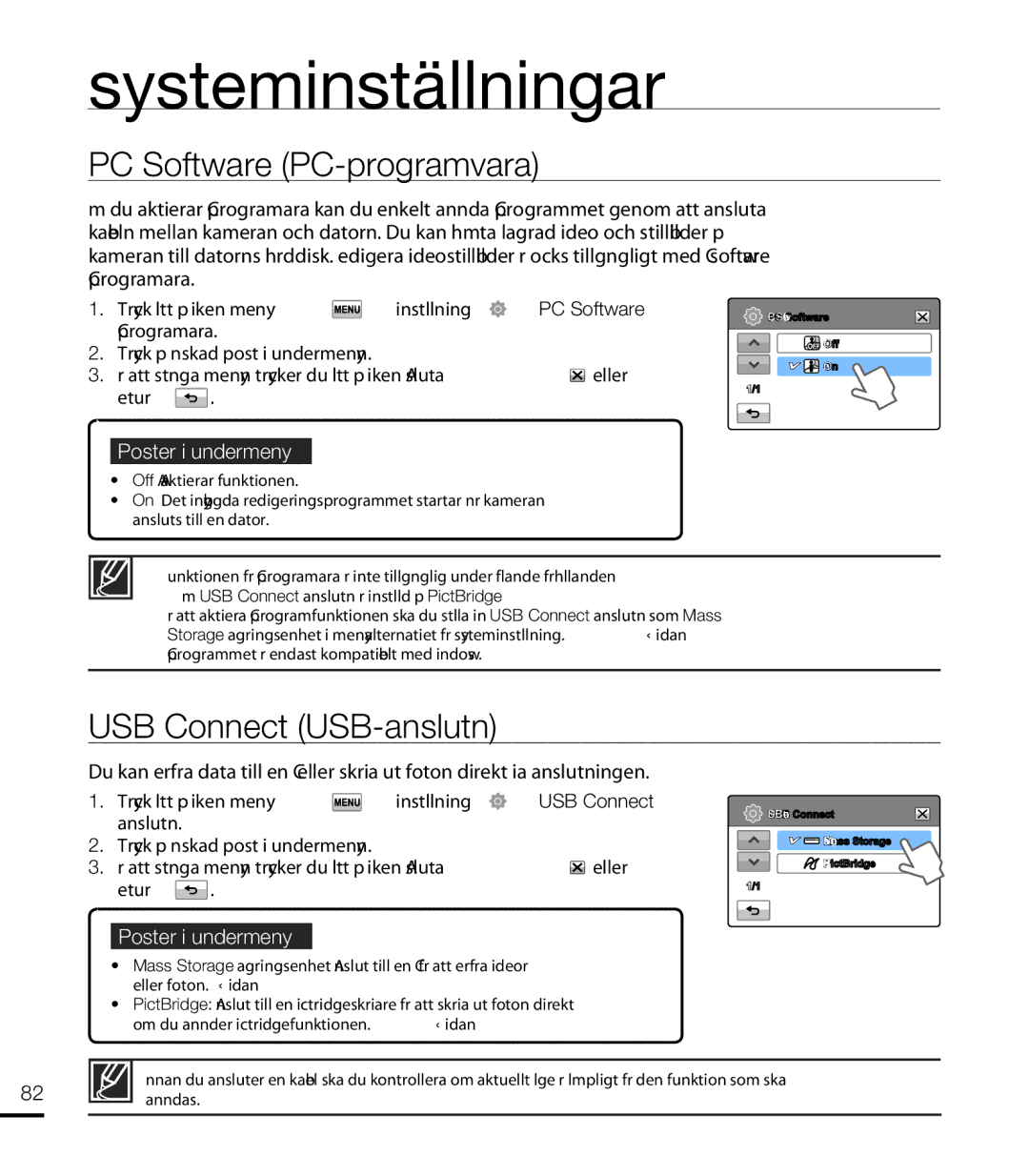 Samsung HMX-T10WP/EDC, HMX-T10BP/EDC manual PC Software PC-programvara, USB Connect USB-anslutn 