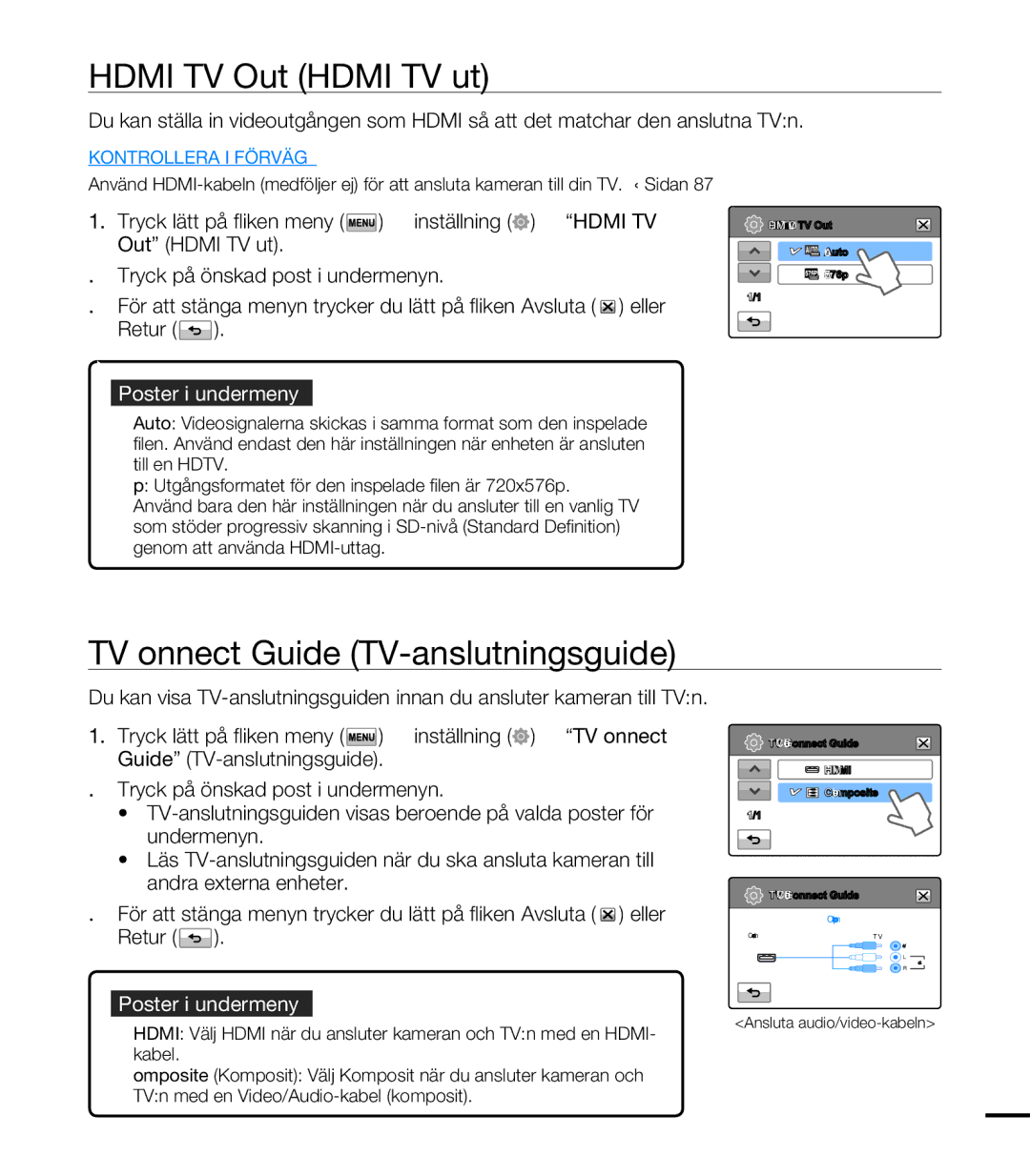 Samsung HMX-T10BP/EDC, HMX-T10WP/EDC manual Hdmi TV Out Hdmi TV ut, TV Connect Guide TV-anslutningsguide 