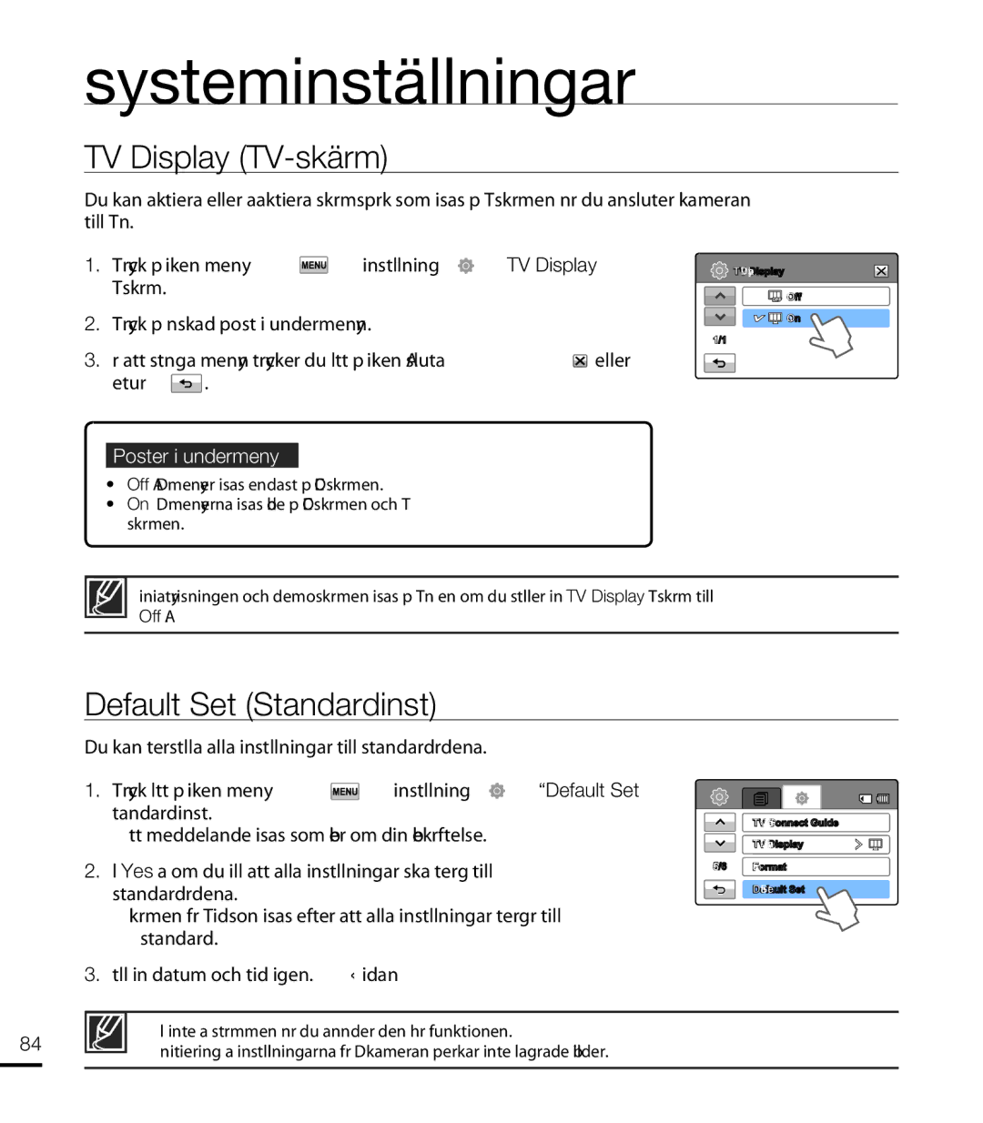 Samsung HMX-T10WP/EDC, HMX-T10BP/EDC manual TV Display TV-skärm, Default Set Standardinst 