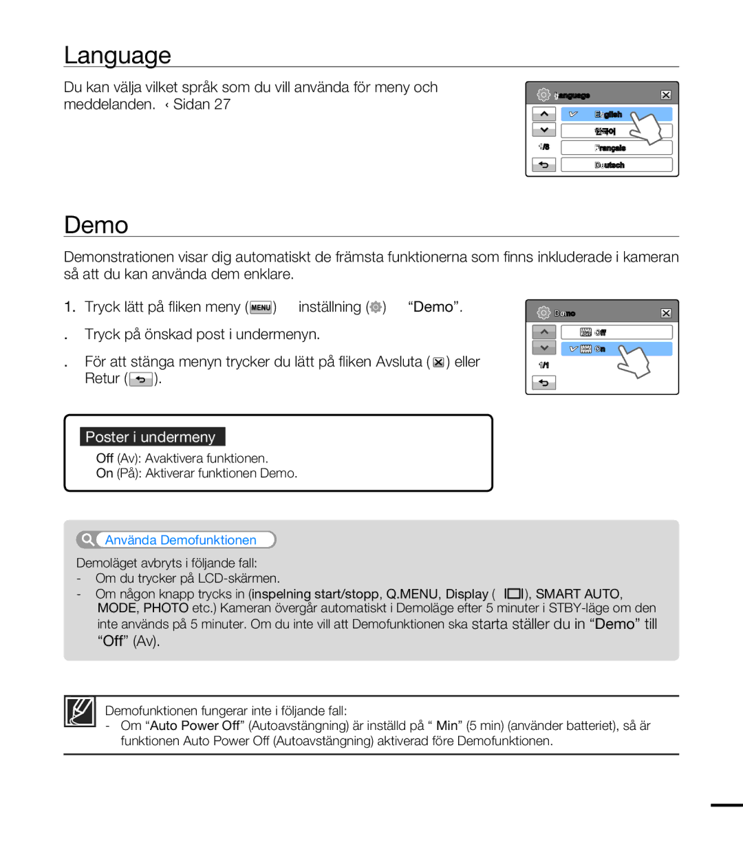 Samsung HMX-T10BP/EDC, HMX-T10WP/EDC manual Language, Använda Demofunktionen 