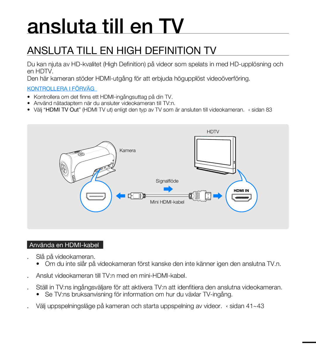 Samsung HMX-T10BP/EDC, HMX-T10WP/EDC manual Ansluta till en TV, Ansluta Till EN High Definition TV, Använda en HDMI-kabel 