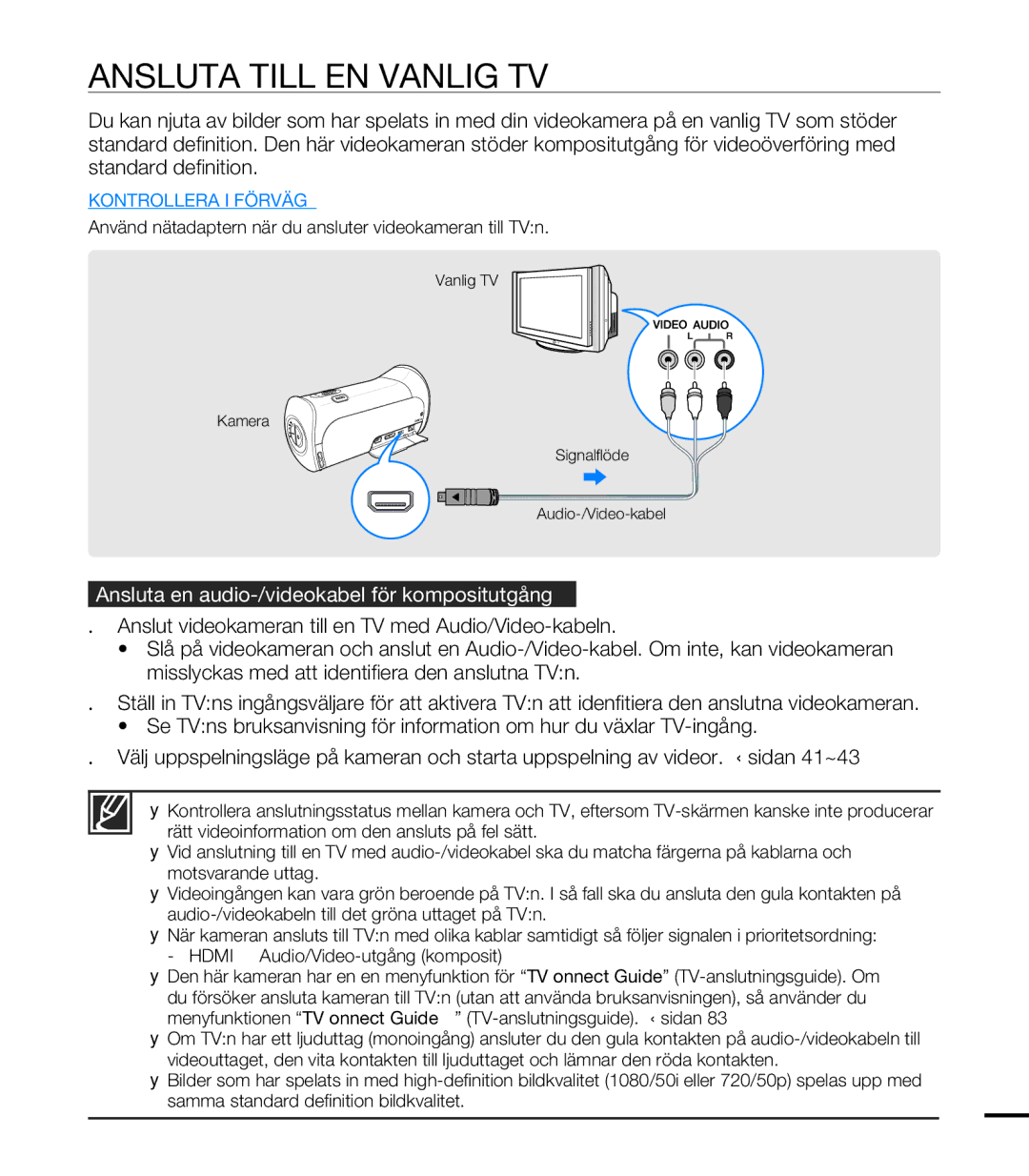 Samsung HMX-T10BP/EDC, HMX-T10WP/EDC manual Ansluta Till EN Vanlig TV, Ansluta en audio-/videokabel för kompositutgång 