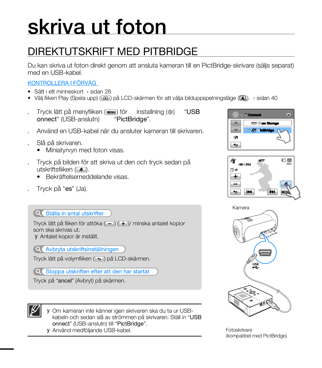 Samsung HMX-T10WP/EDC, HMX-T10BP/EDC manual Skriva ut foton, Direktutskrift MED Pictbridge 