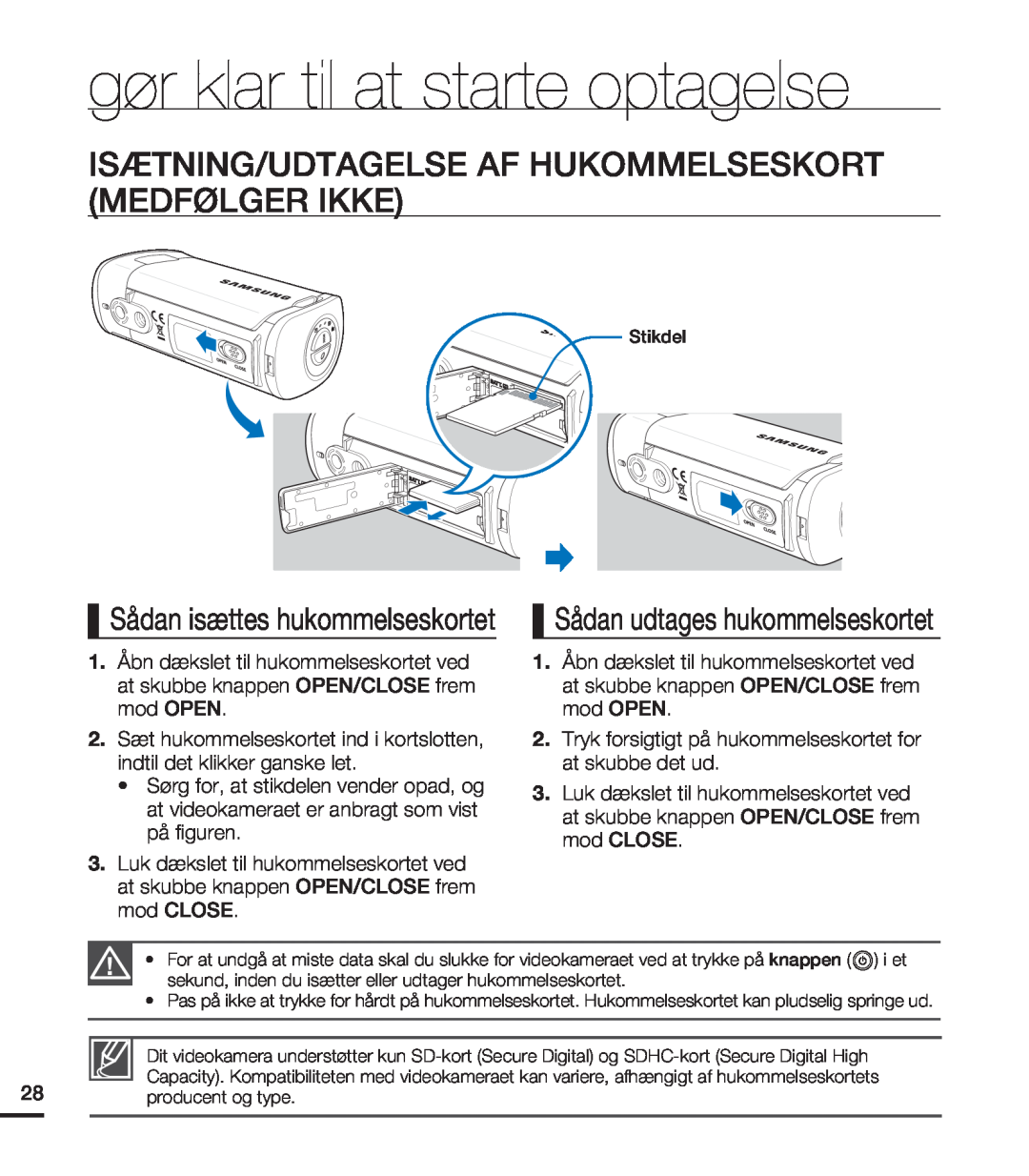 Samsung HMX-T10WP/EDC manual gør klar til at starte optagelse, Isætning/Udtagelse Af Hukommelseskort Medfølger Ikke 