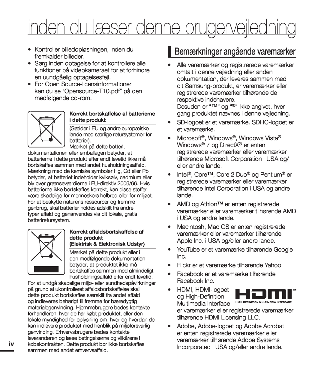 Samsung HMX-T10WP/EDC, HMX-T10BP/EDC manual inden du læser denne brugervejledning, Bemærkninger angående varemærker 