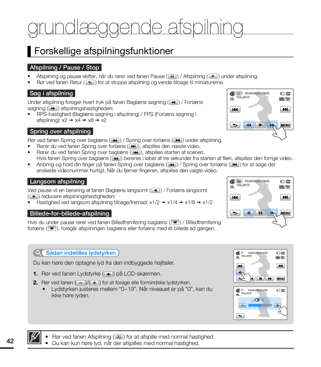 Samsung HMX-T10WP/EDC manual Forskellige afspilningsfunktioner, grundlæggende afspilning, Afspilning / Pause / Stop 