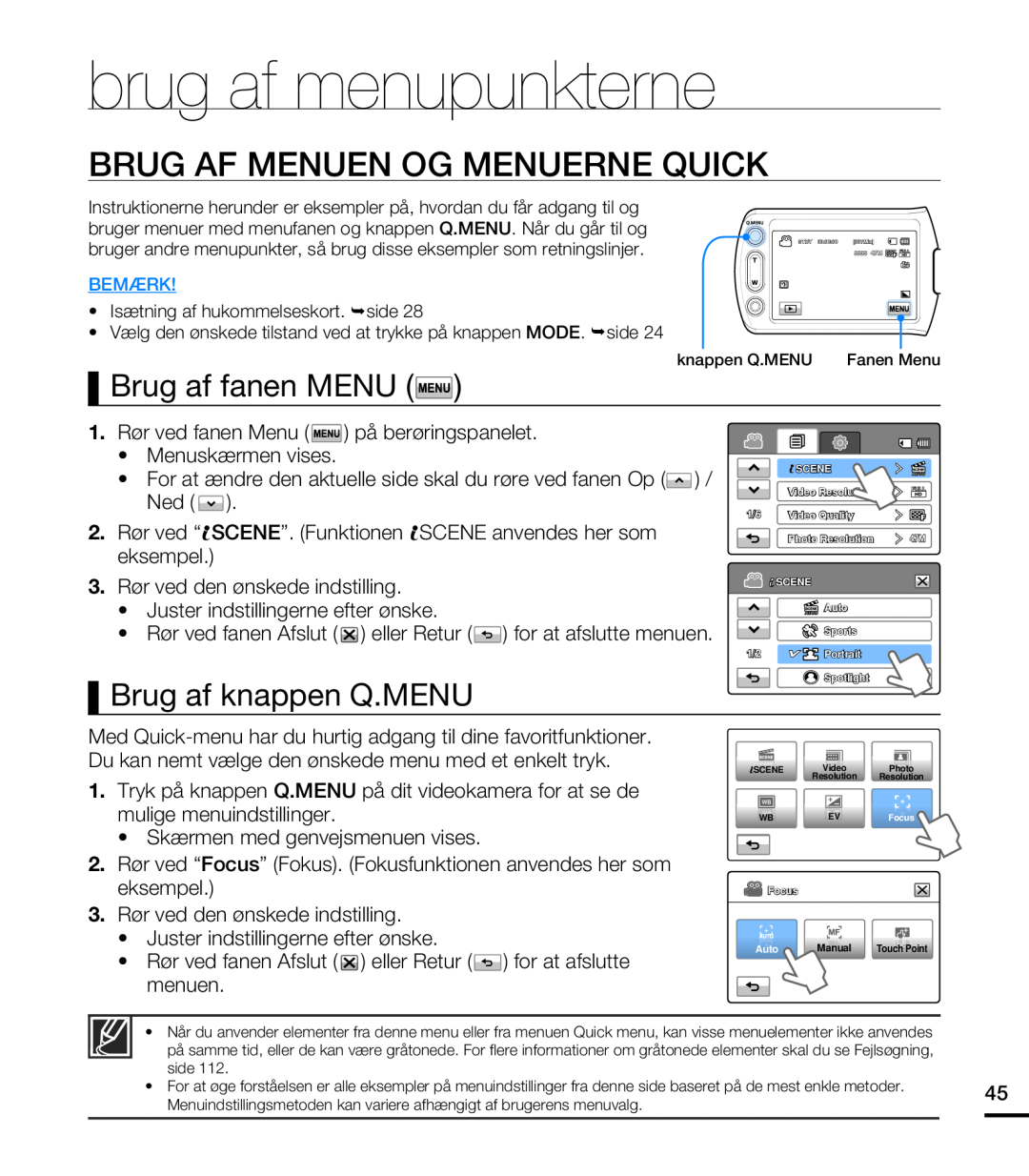 Samsung HMX-T10BP/EDC brug af menupunkterne, Brug Af Menuen Og Menuerne Quick, Brug af fanen MENU, Brug af knappen Q.MENU 