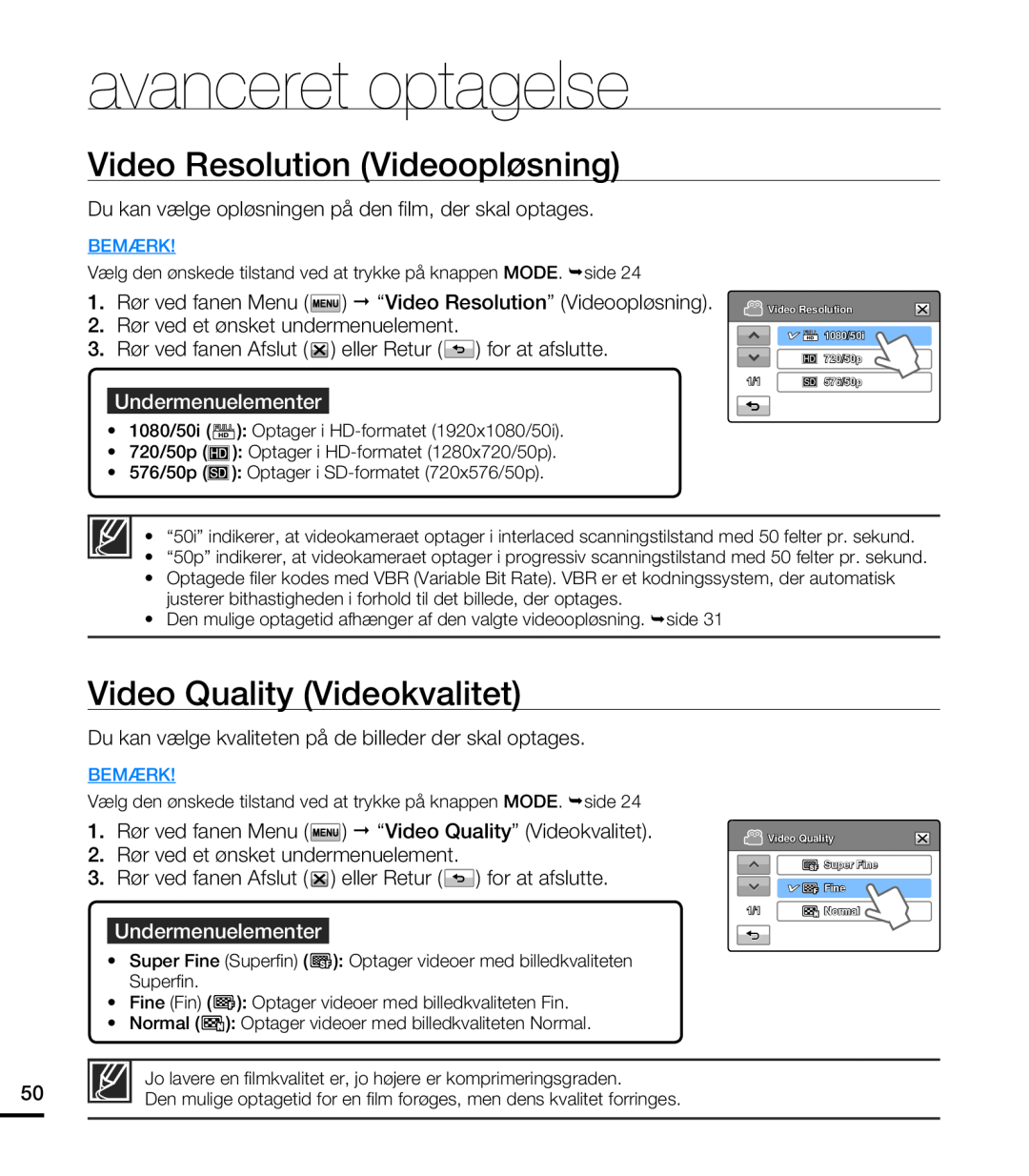Samsung HMX-T10WP/EDC manual Video Resolution Videoopløsning, Video Quality Videokvalitet, avanceret optagelse, Bemærk 