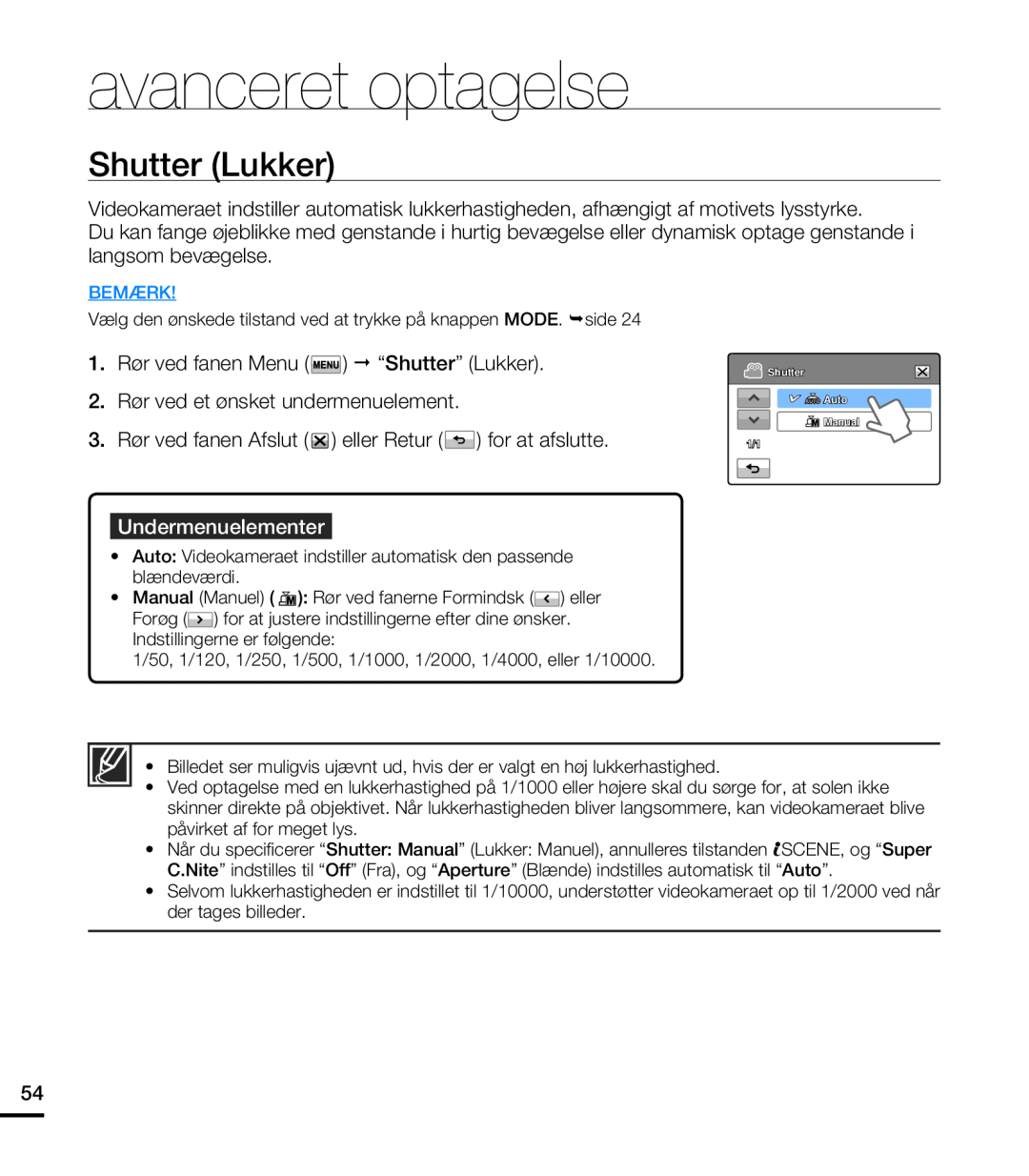Samsung HMX-T10WP/EDC manual Shutter Lukker, avanceret optagelse, Undermenuelementer, Bemærk, Shutter Auto Manual 1/1 