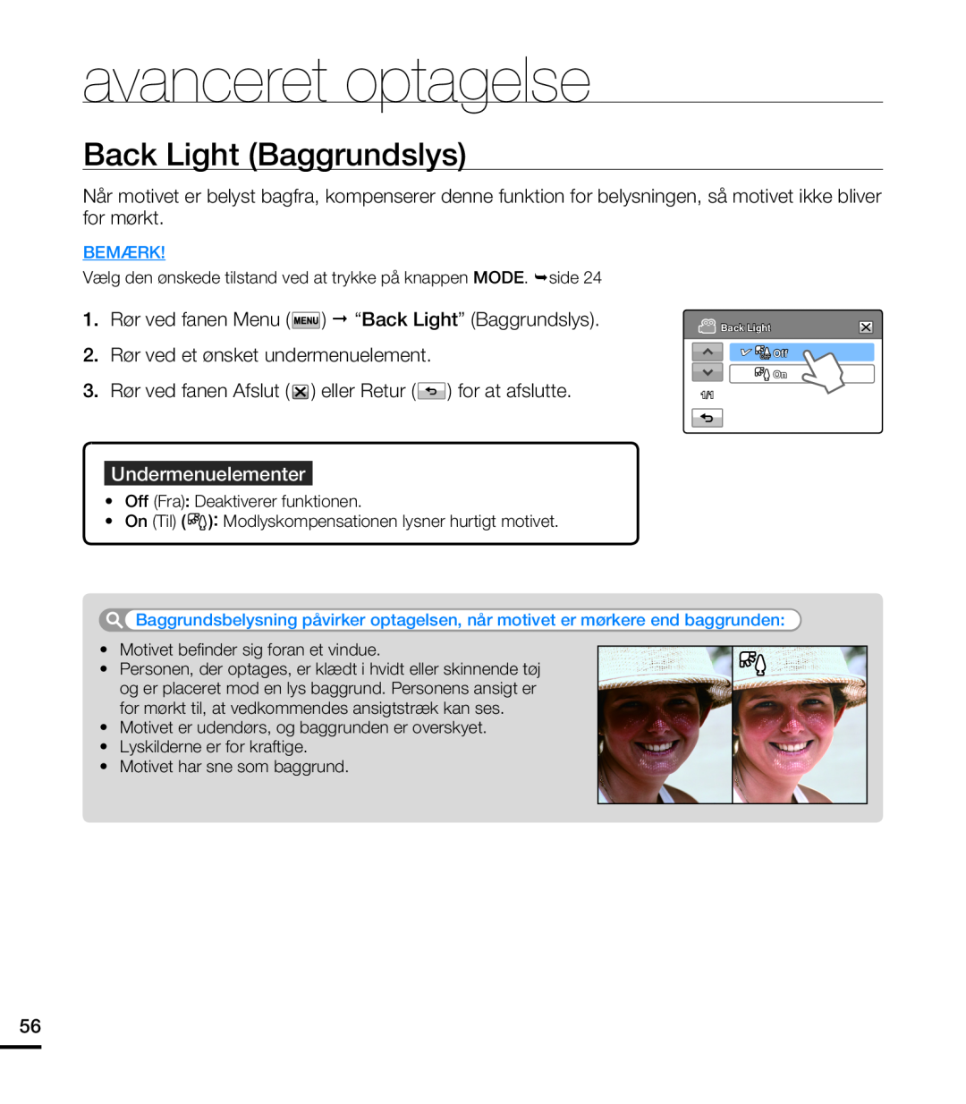 Samsung HMX-T10WP/EDC, HMX-T10BP/EDC manual Back Light Baggrundslys, avanceret optagelse, Undermenuelementer, Bemærk, On 1/1 