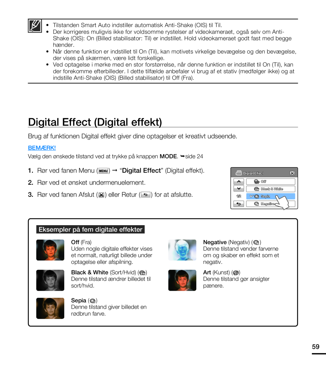 Samsung HMX-T10BP/EDC, HMX-T10WP/EDC manual Digital Effect Digital effekt, Eksempler på fem digitale effekter, Bemærk 