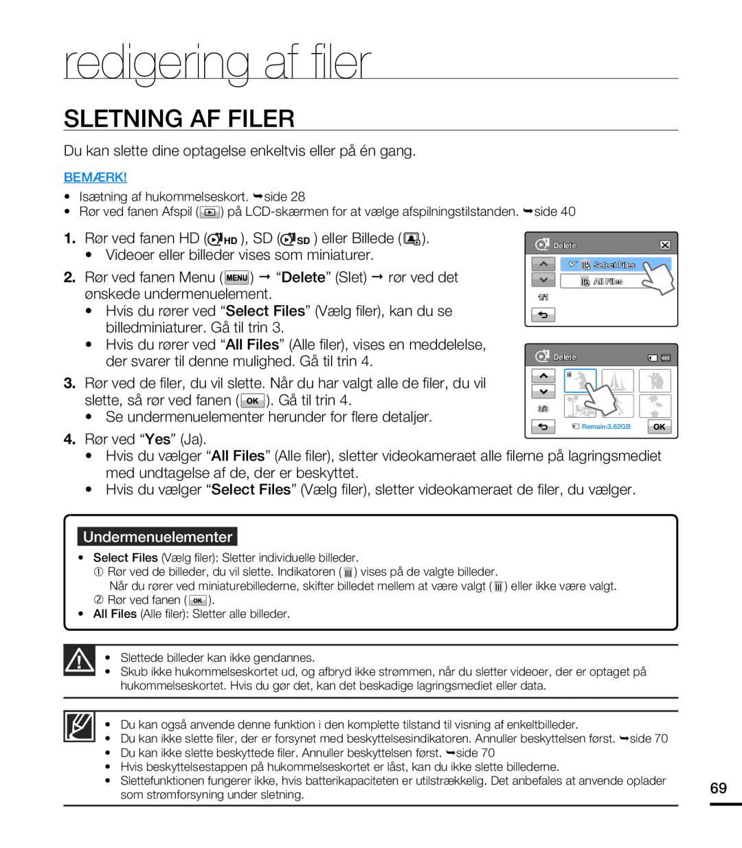 Samsung HMX-T10BP/EDC, HMX-T10WP/EDC manual redigering af fi ler, Sletning Af Filer, Undermenuelementer 