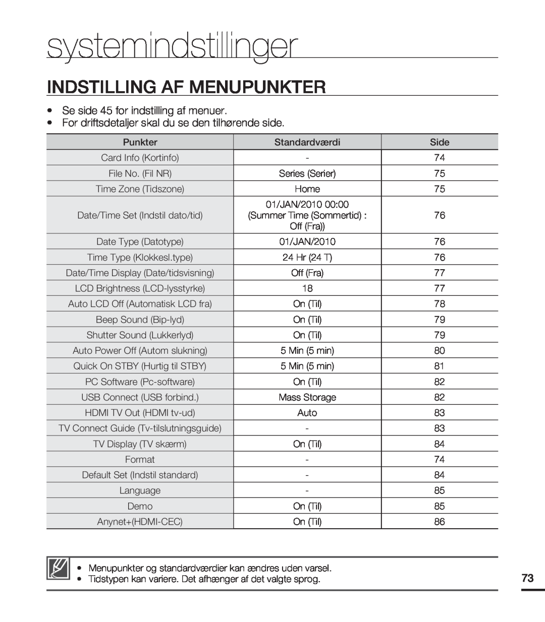 Samsung HMX-T10BP/EDC, HMX-T10WP/EDC manual systemindstillinger, Indstilling Af Menupunkter 