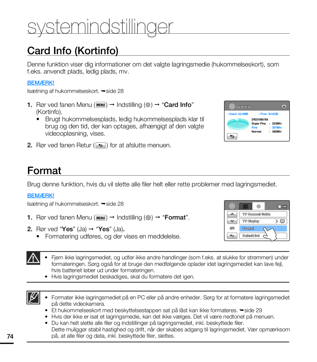 Samsung HMX-T10WP/EDC, HMX-T10BP/EDC manual Card Info Kortinfo, Format, systemindstillinger 