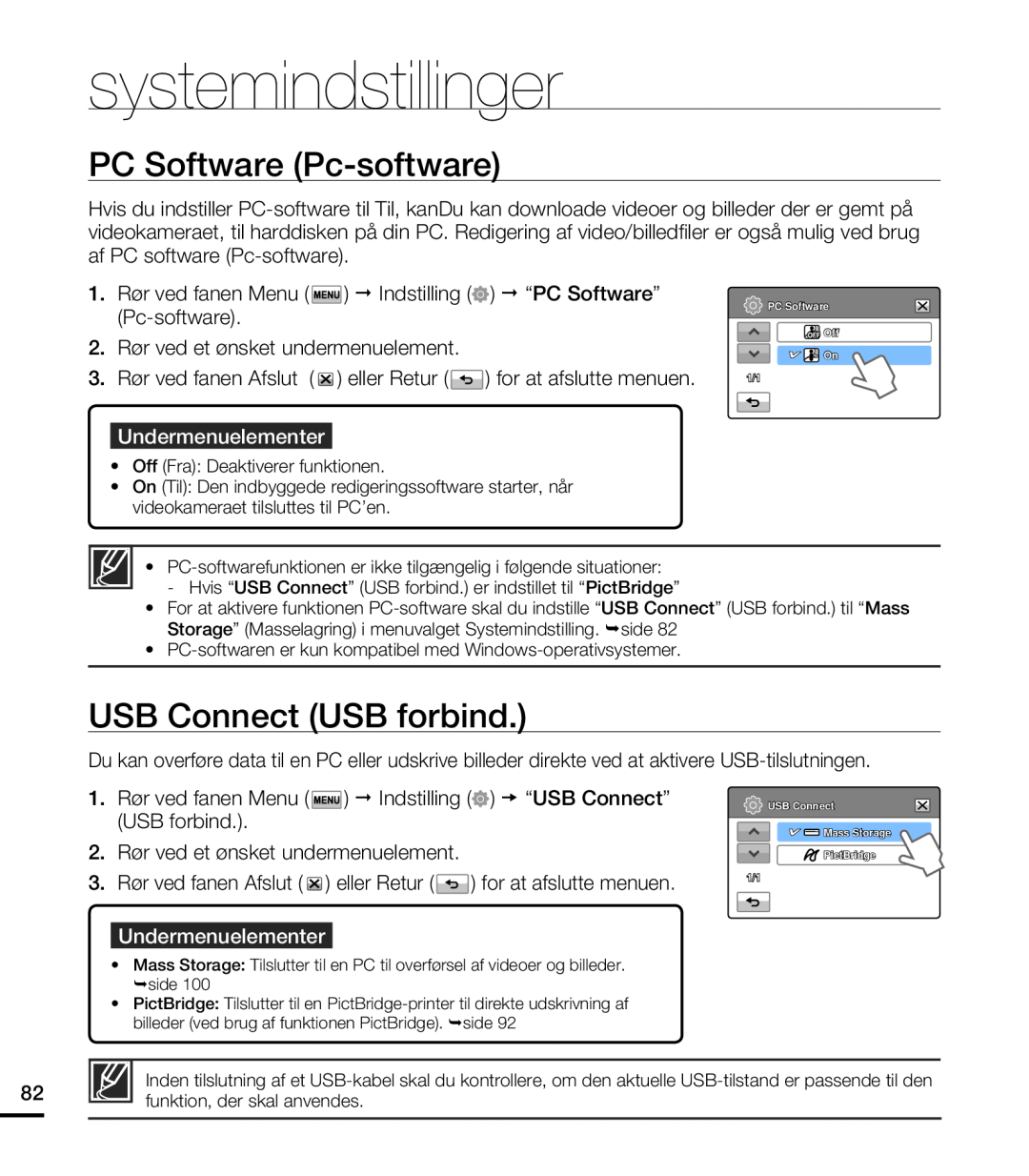 Samsung HMX-T10WP/EDC manual PC Software Pc-software, USB Connect USB forbind, systemindstillinger, Undermenuelementer 