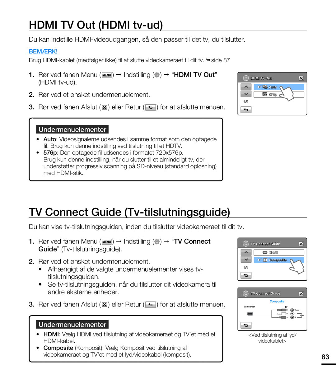 Samsung HMX-T10BP/EDC, HMX-T10WP/EDC HDMI TV Out HDMI tv-ud, TV Connect Guide Tv-tilslutningsguide, Undermenuelementer 