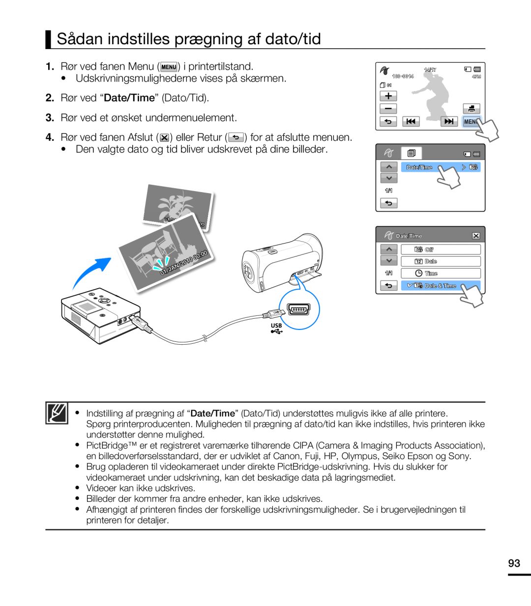 Samsung HMX-T10BP/EDC, HMX-T10WP/EDC manual Sådan indstilles prægning af dato/tid, 1. Rør ved fanen Menu i printertilstand 