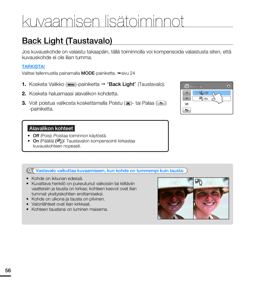 Samsung HMX-T10WP/EDC, HMX-T10BP/EDC manual Back Light Taustavalo, kuvaamisen lisätoiminnot, Alavalikon kohteet, On 1/1 