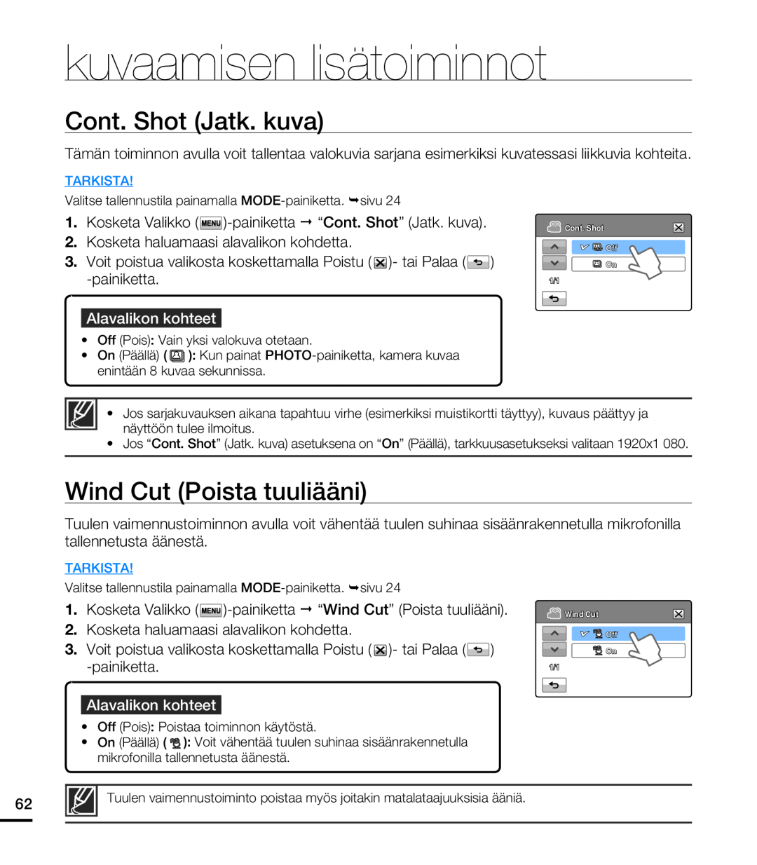 Samsung HMX-T10WP/EDC manual Cont. Shot Jatk. kuva, Wind Cut Poista tuuliääni, kuvaamisen lisätoiminnot, Alavalikon kohteet 
