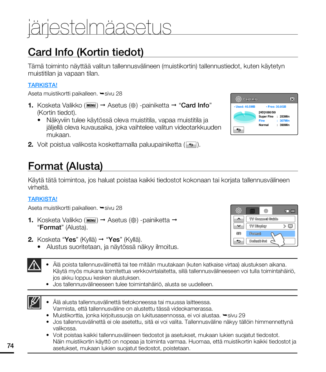 Samsung HMX-T10WP/EDC, HMX-T10BP/EDC manual Card Info Kortin tiedot, Format Alusta, järjestelmäasetus 