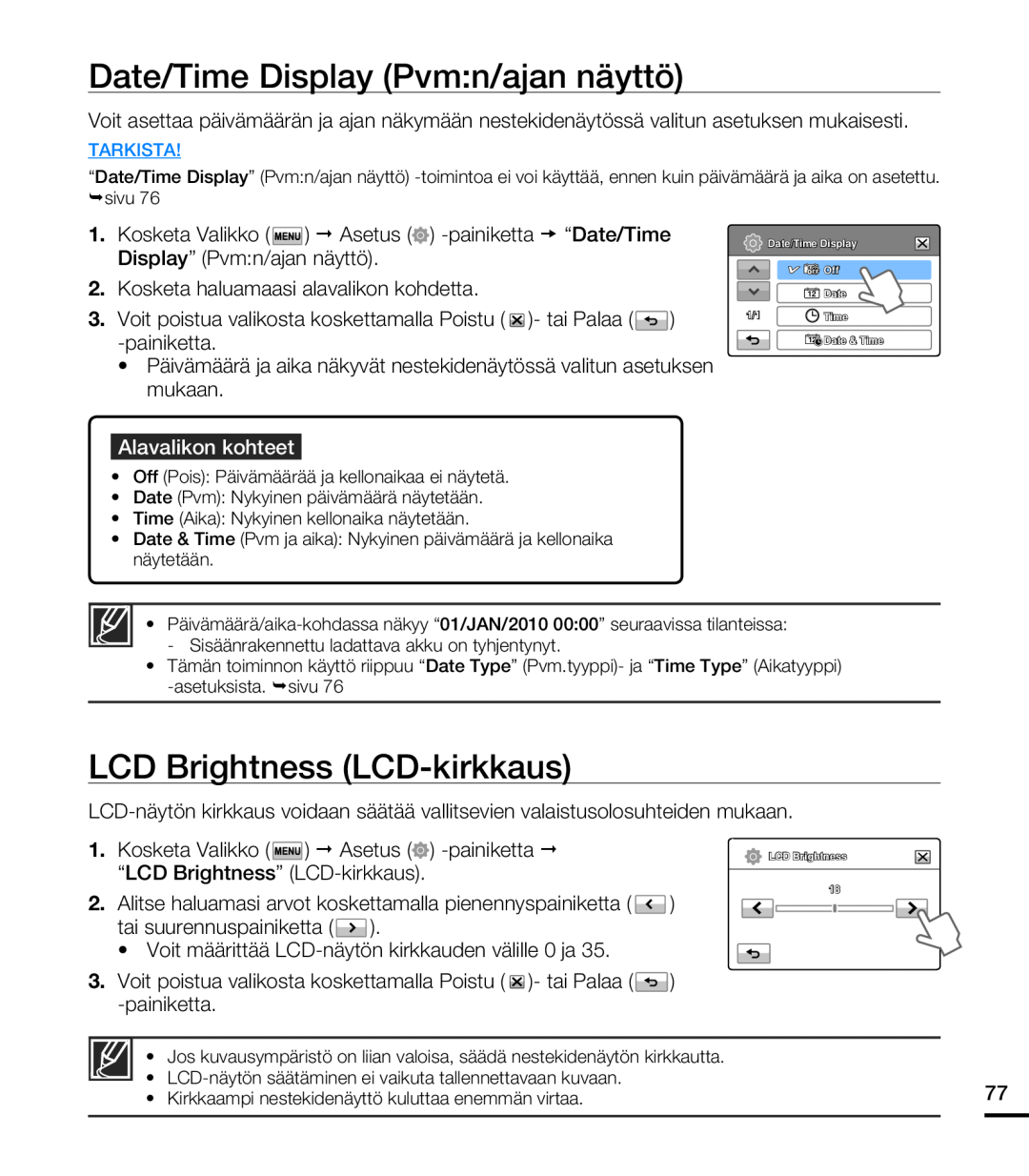 Samsung HMX-T10BP/EDC, HMX-T10WP/EDC Date/Time Display Pvmn/ajan näyttö, LCD Brightness LCD-kirkkaus, Alavalikon kohteet 