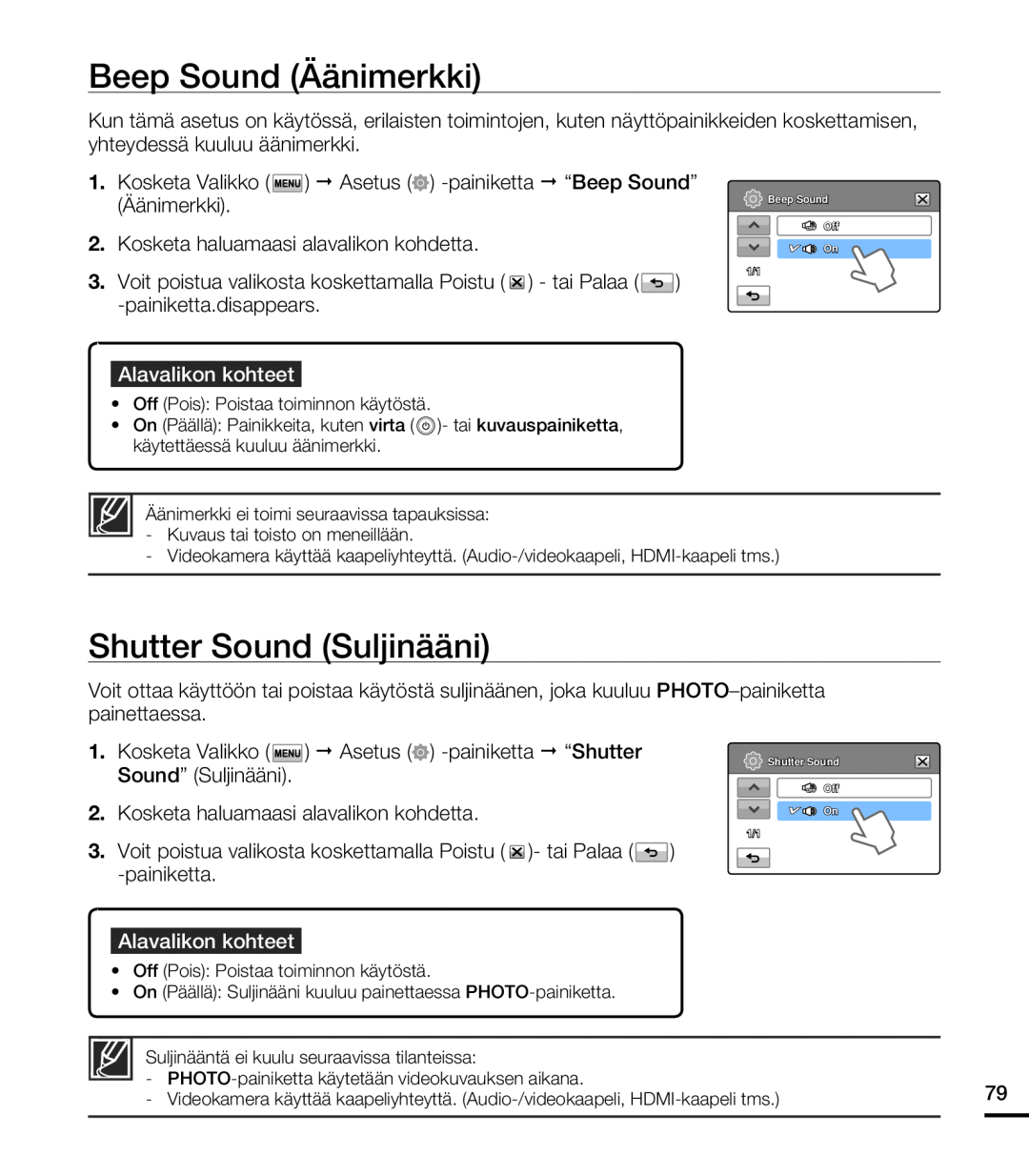 Samsung HMX-T10BP/EDC manual Beep Sound Äänimerkki, Shutter Sound Suljinääni, Kosketa haluamaasi alavalikon kohdetta 
